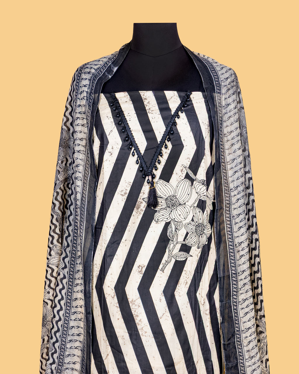 Monochrome Chevron Bloom Dress Material