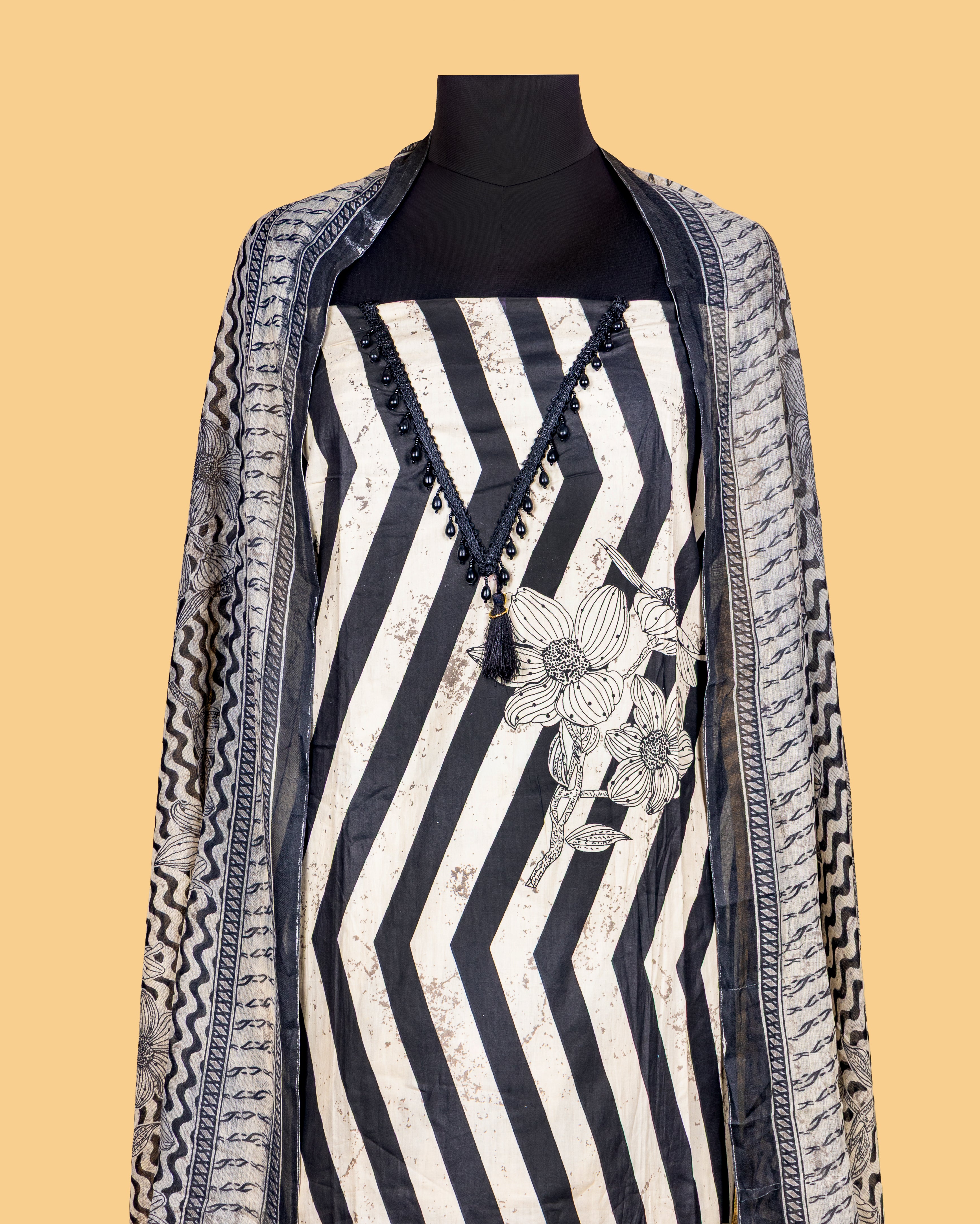 Monochrome Chevron Bloom Dress Material