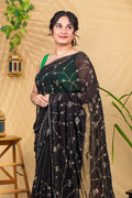 Midnight Mayura—Pure Chiffon Peacock Embroidered Saree