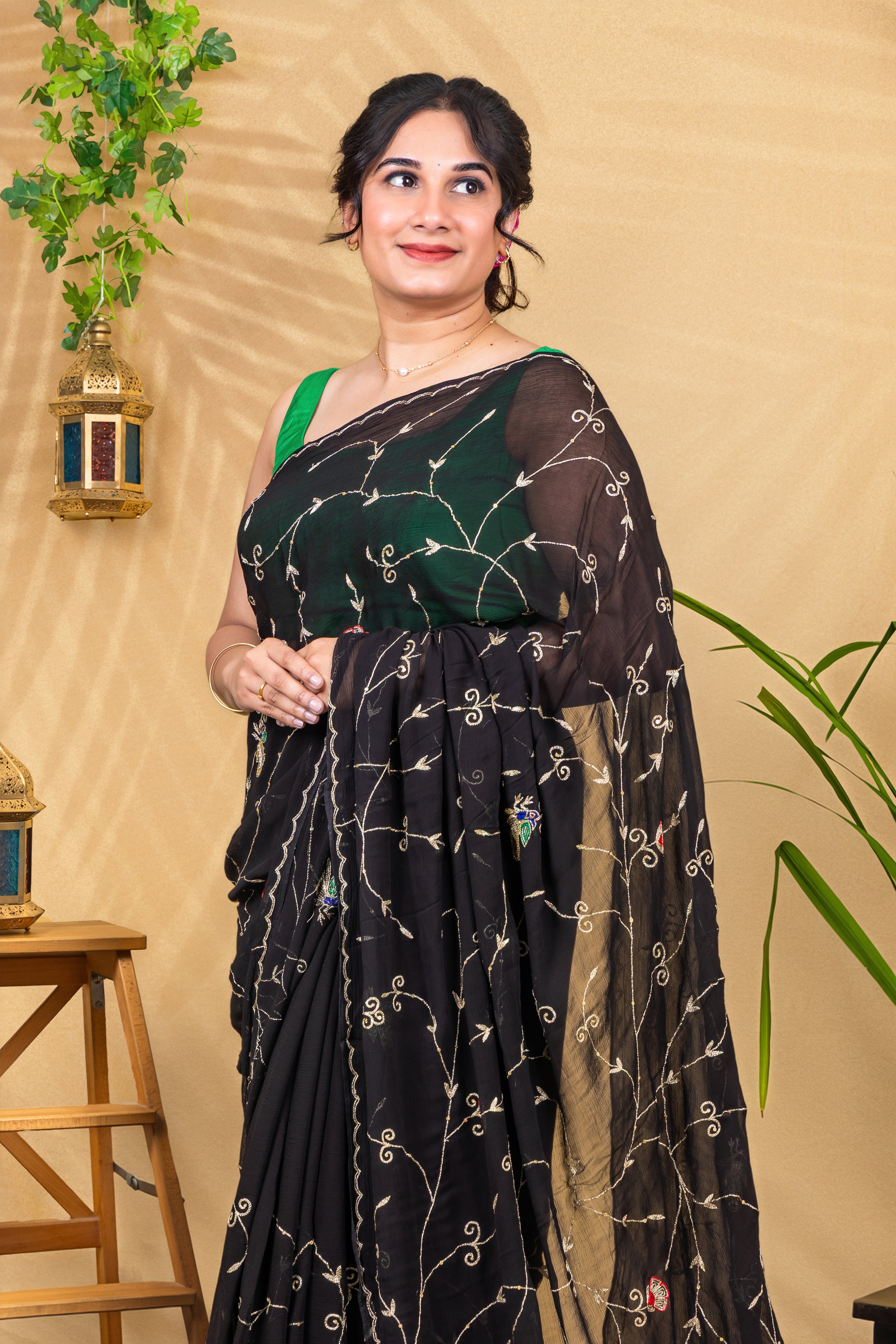 Midnight Mayura—Pure Chiffon Peacock Embroidered Saree