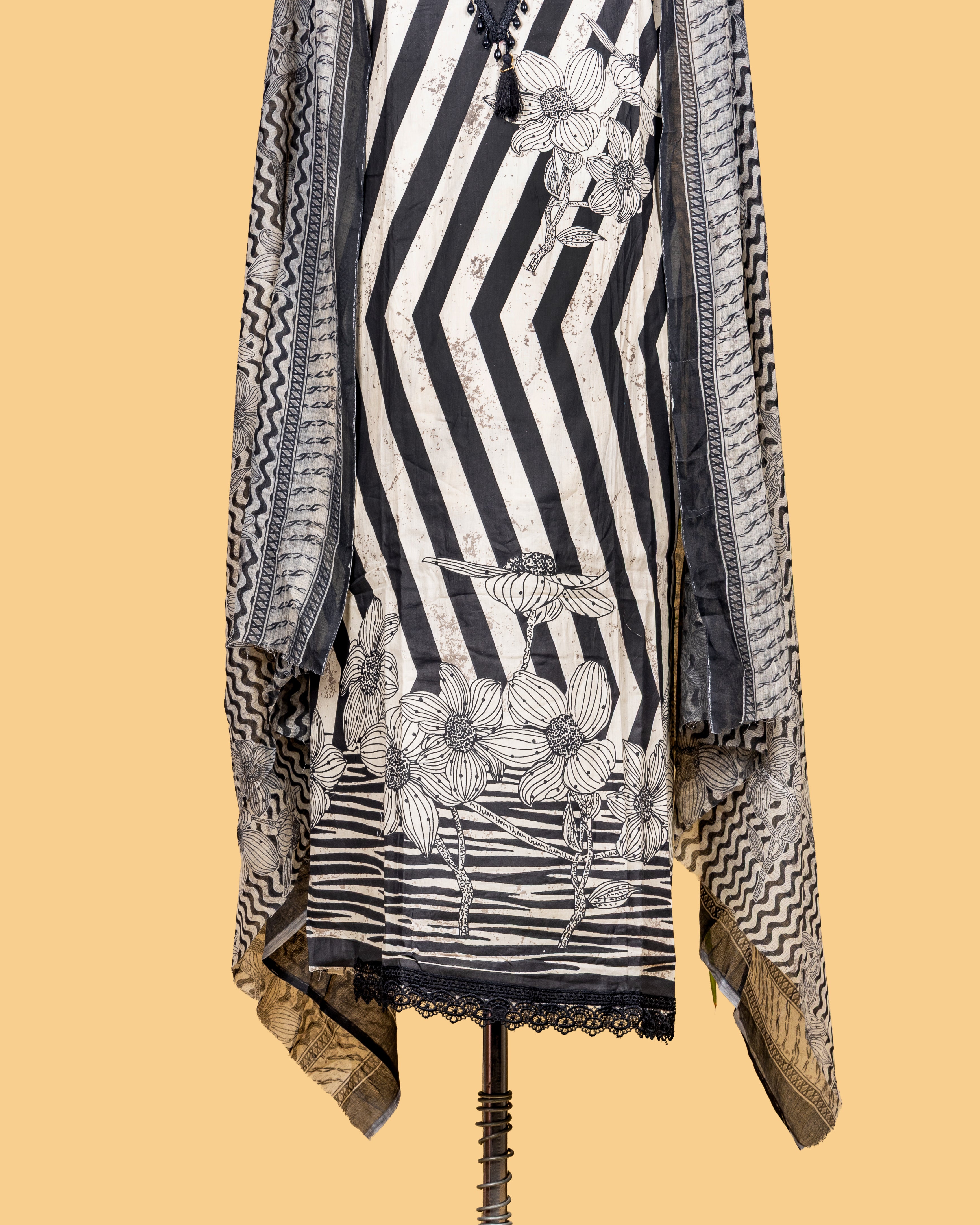 Monochrome Chevron Bloom Dress Material