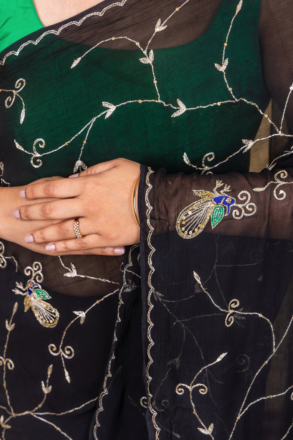 Midnight Mayura—Pure Chiffon Peacock Embroidered Saree