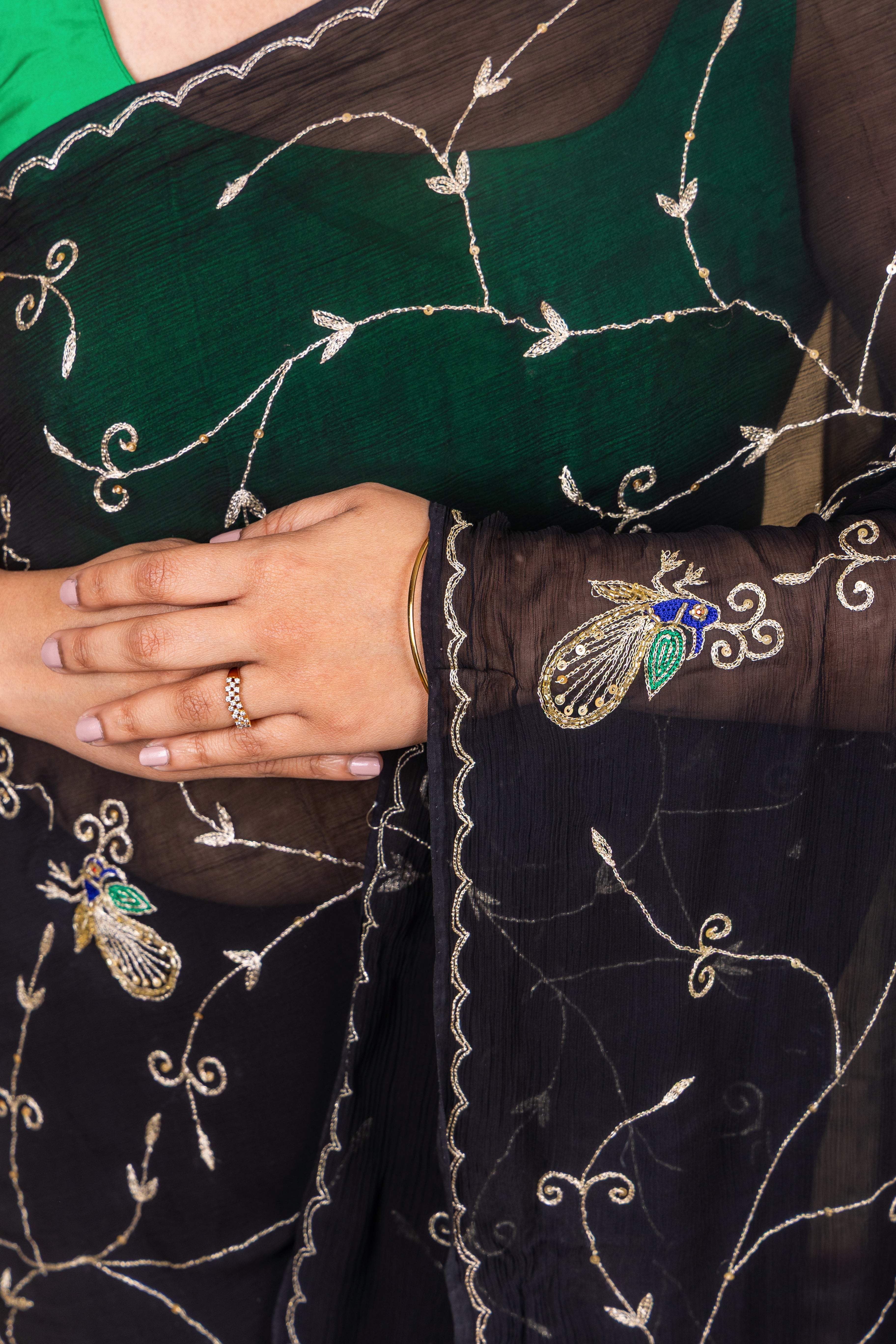 Midnight Mayura—Pure Chiffon Peacock Embroidered Saree