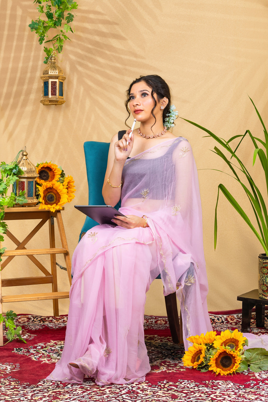Blush Radiance—Handcrafted Beaded Chiffon Saree