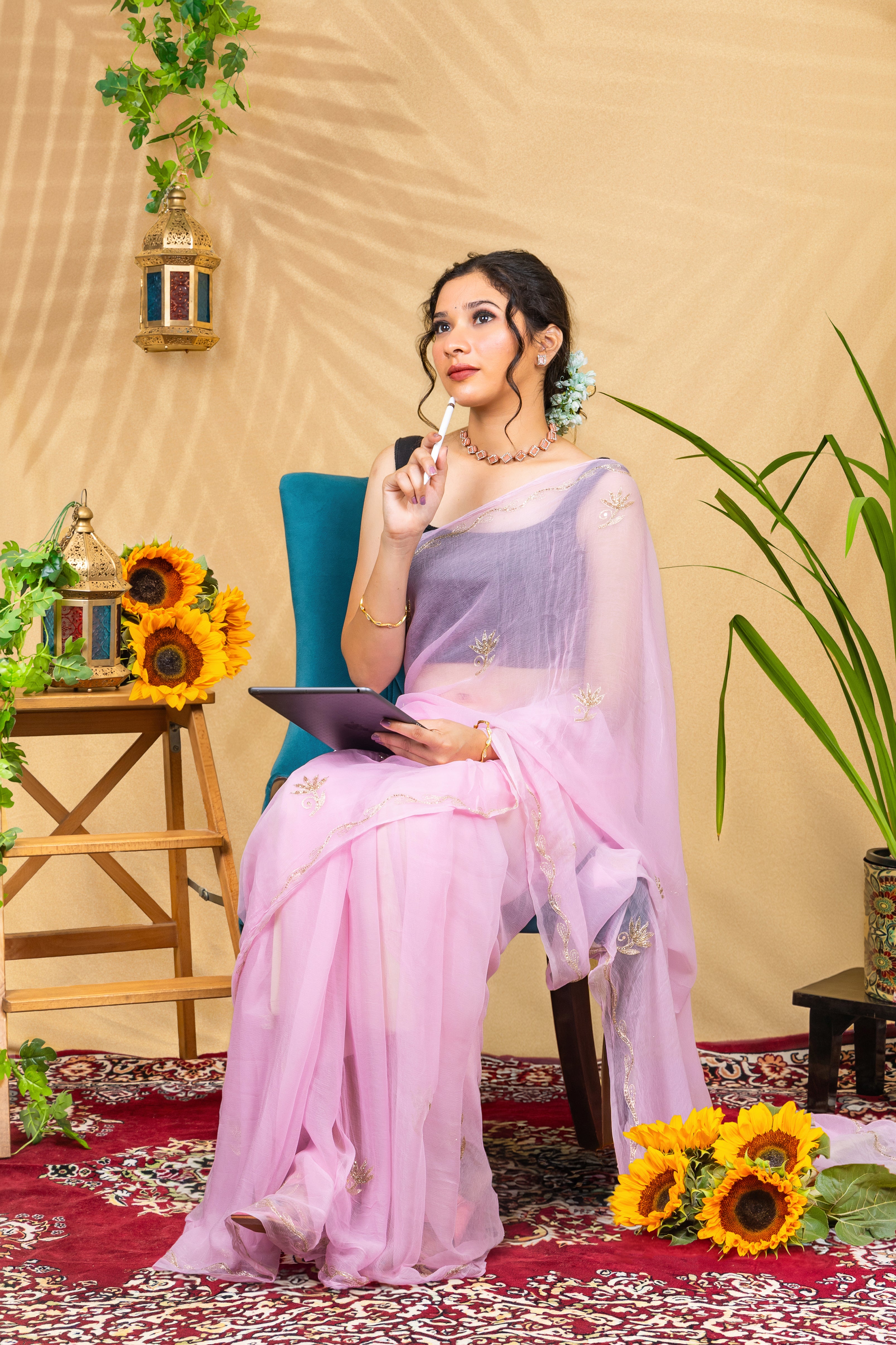 Blush Radiance—Handcrafted Beaded Chiffon Saree