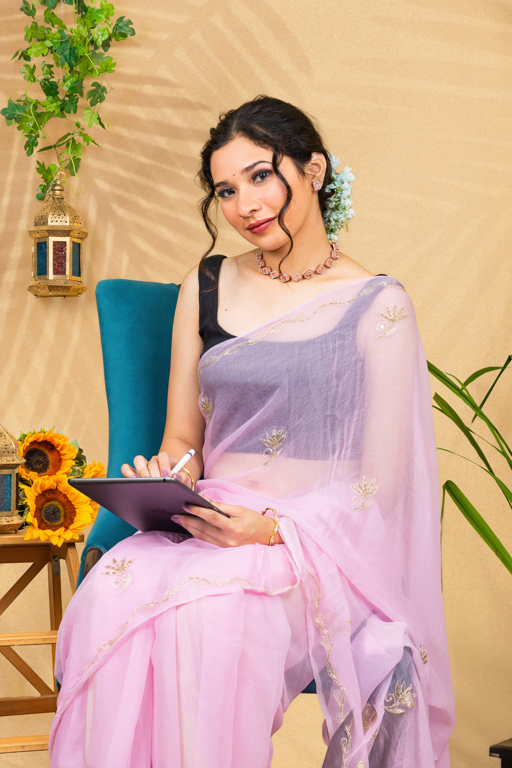 Blush Radiance—Handcrafted Beaded Chiffon Saree