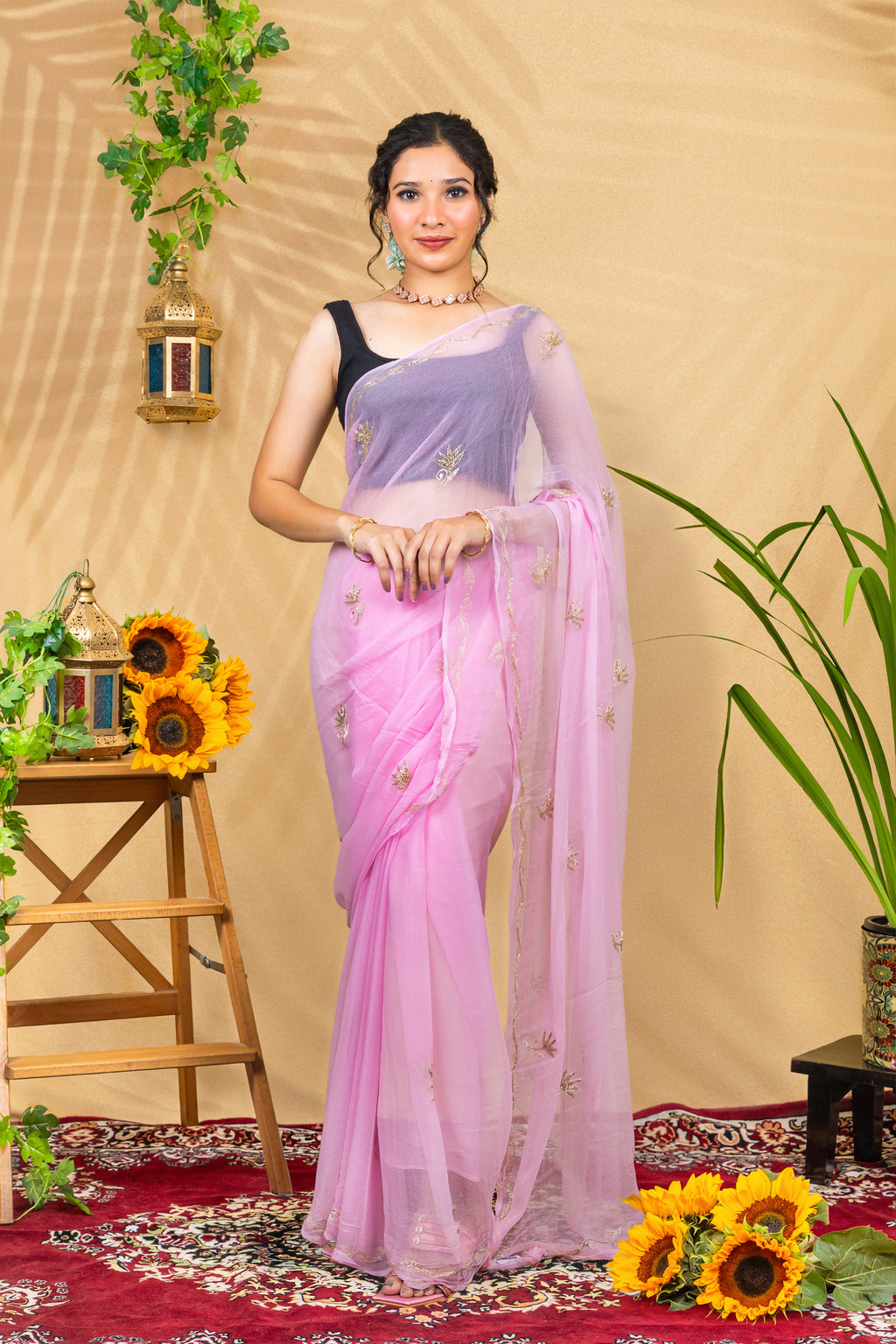 Blush Radiance—Handcrafted Beaded Chiffon Saree