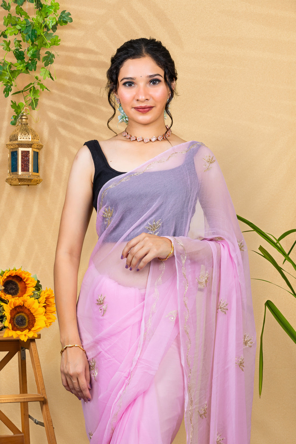 Blush Radiance—Handcrafted Beaded Chiffon Saree