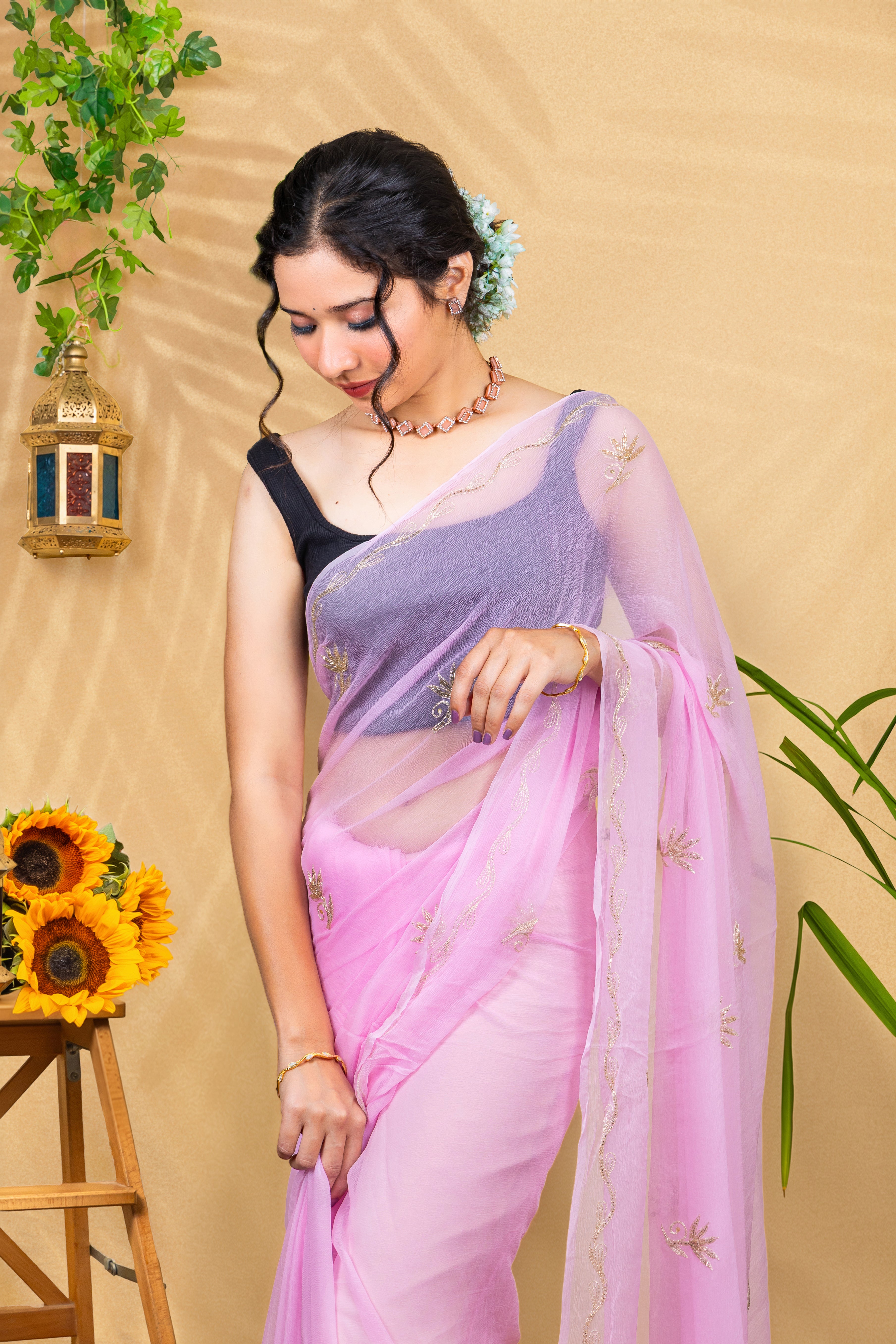 Blush Radiance—Handcrafted Beaded Chiffon Saree