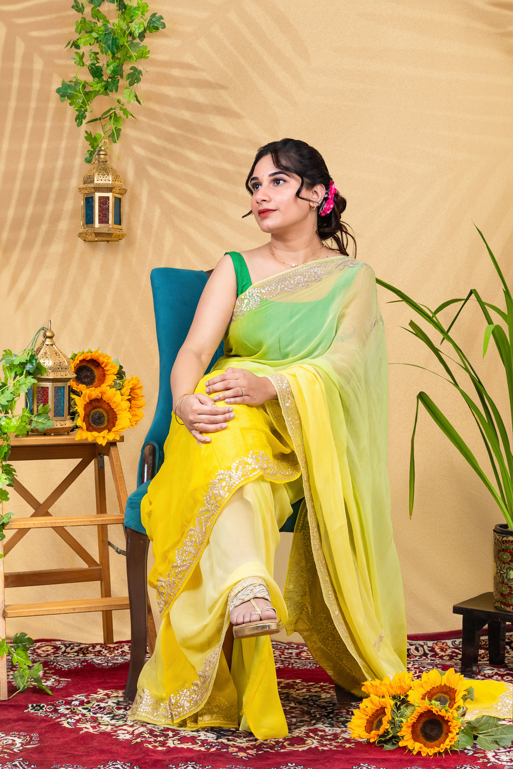 Lime-to-Sunshine Ombré—Pure Chiffon Saree
