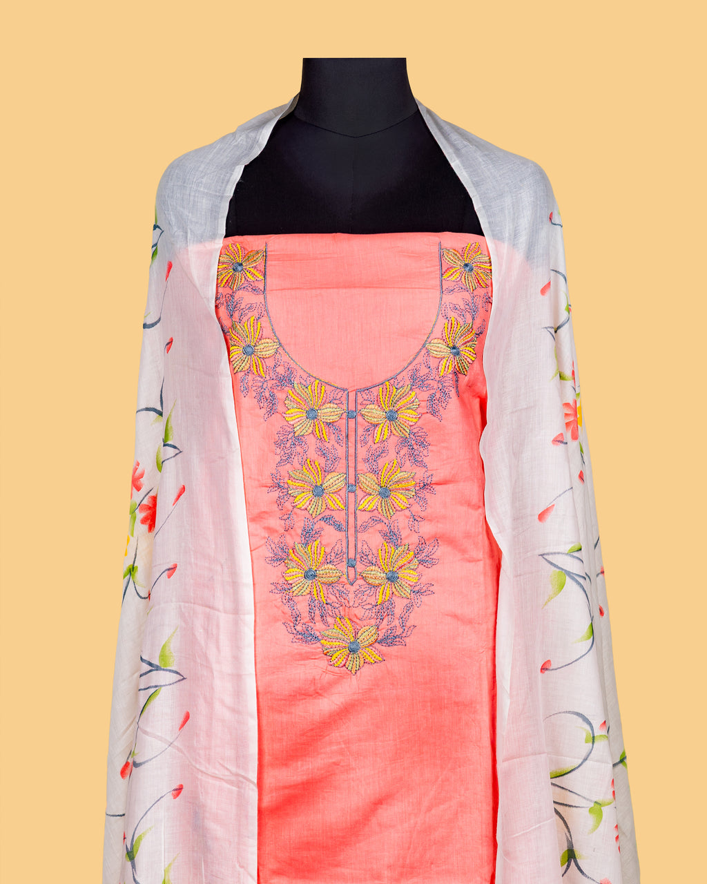 Peach Petal Floral Yoke Suit Set