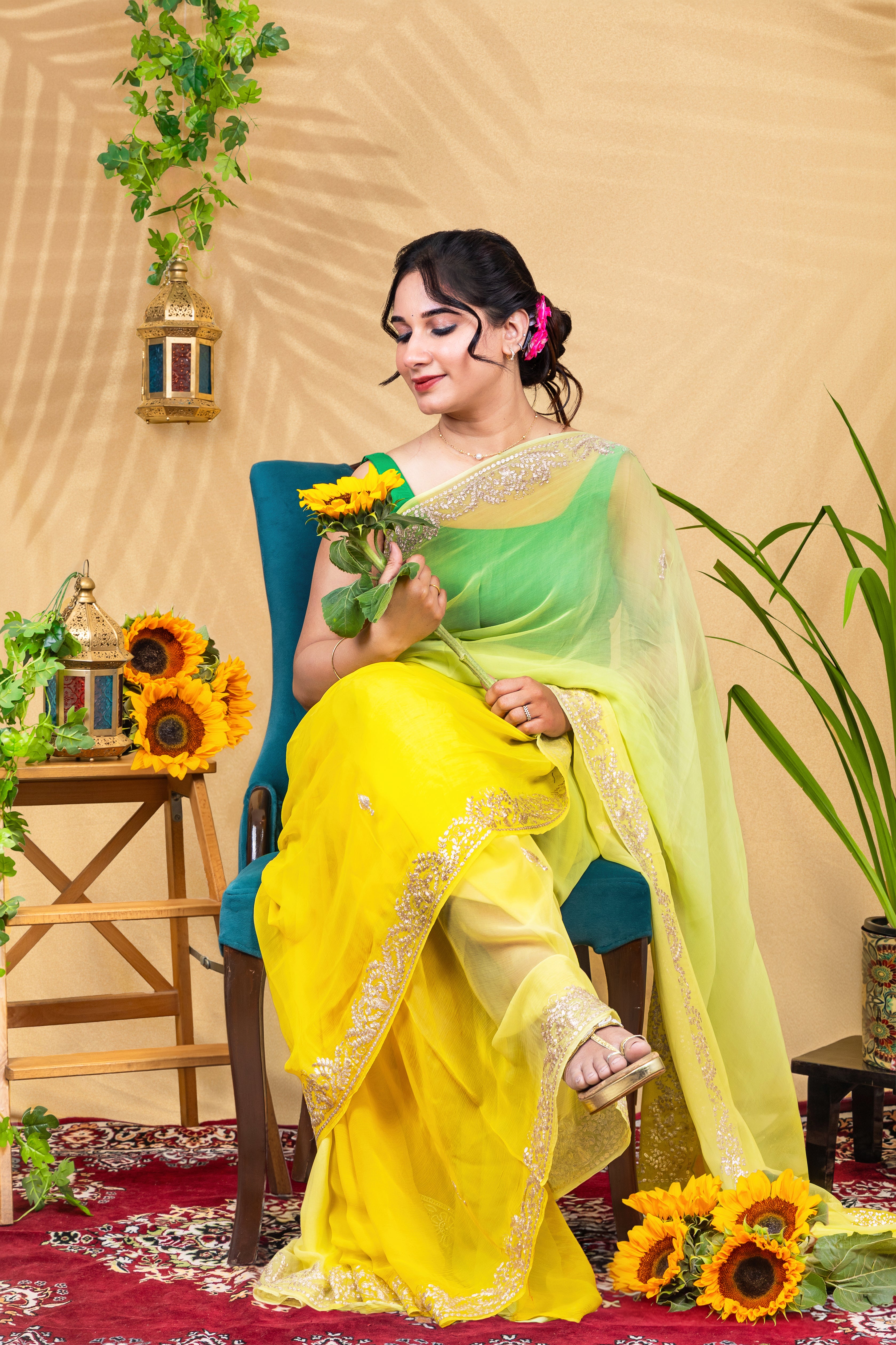 Lime-to-Sunshine Ombré—Pure Chiffon Saree