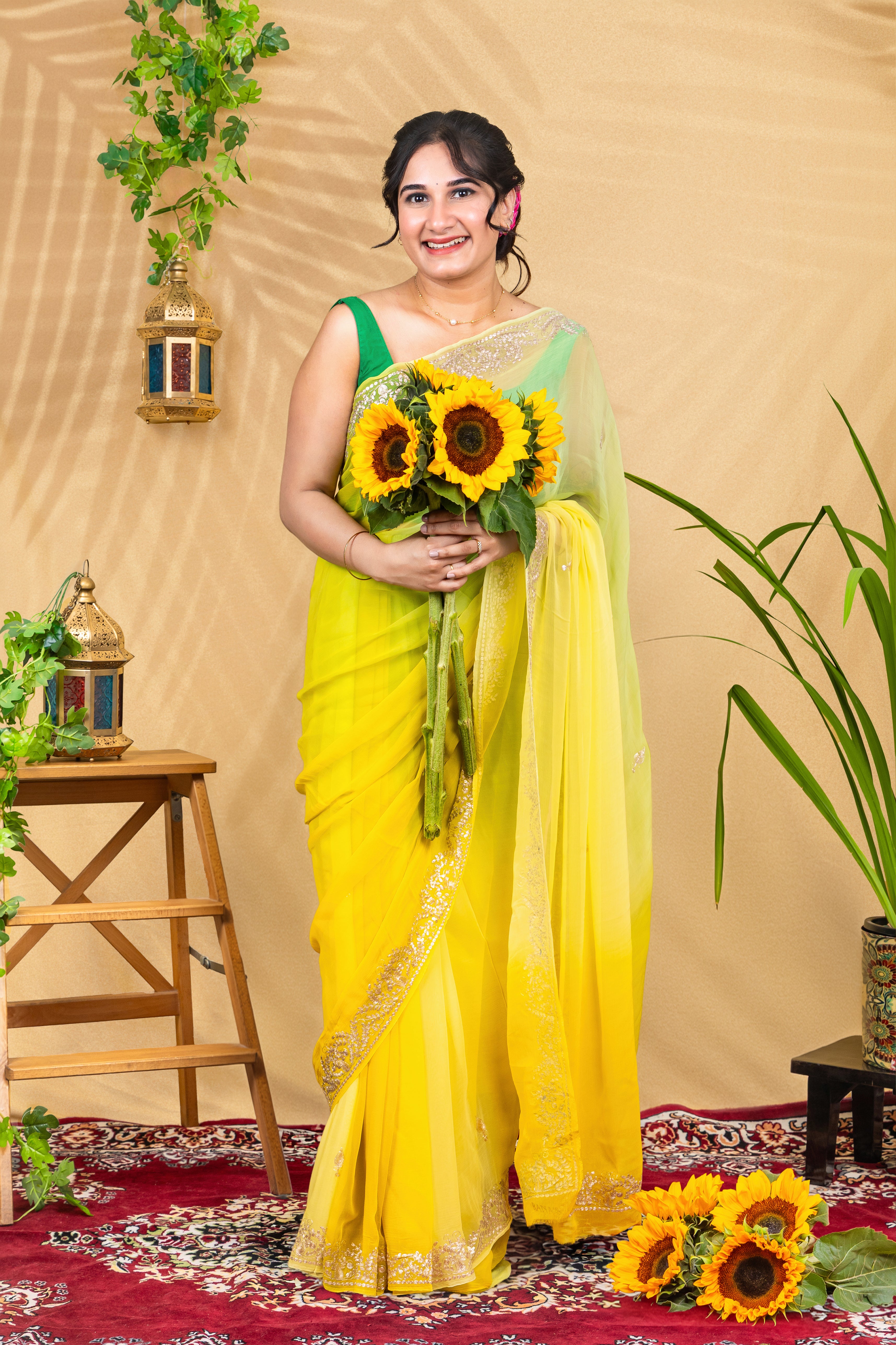 Lime-to-Sunshine Ombré—Pure Chiffon Saree