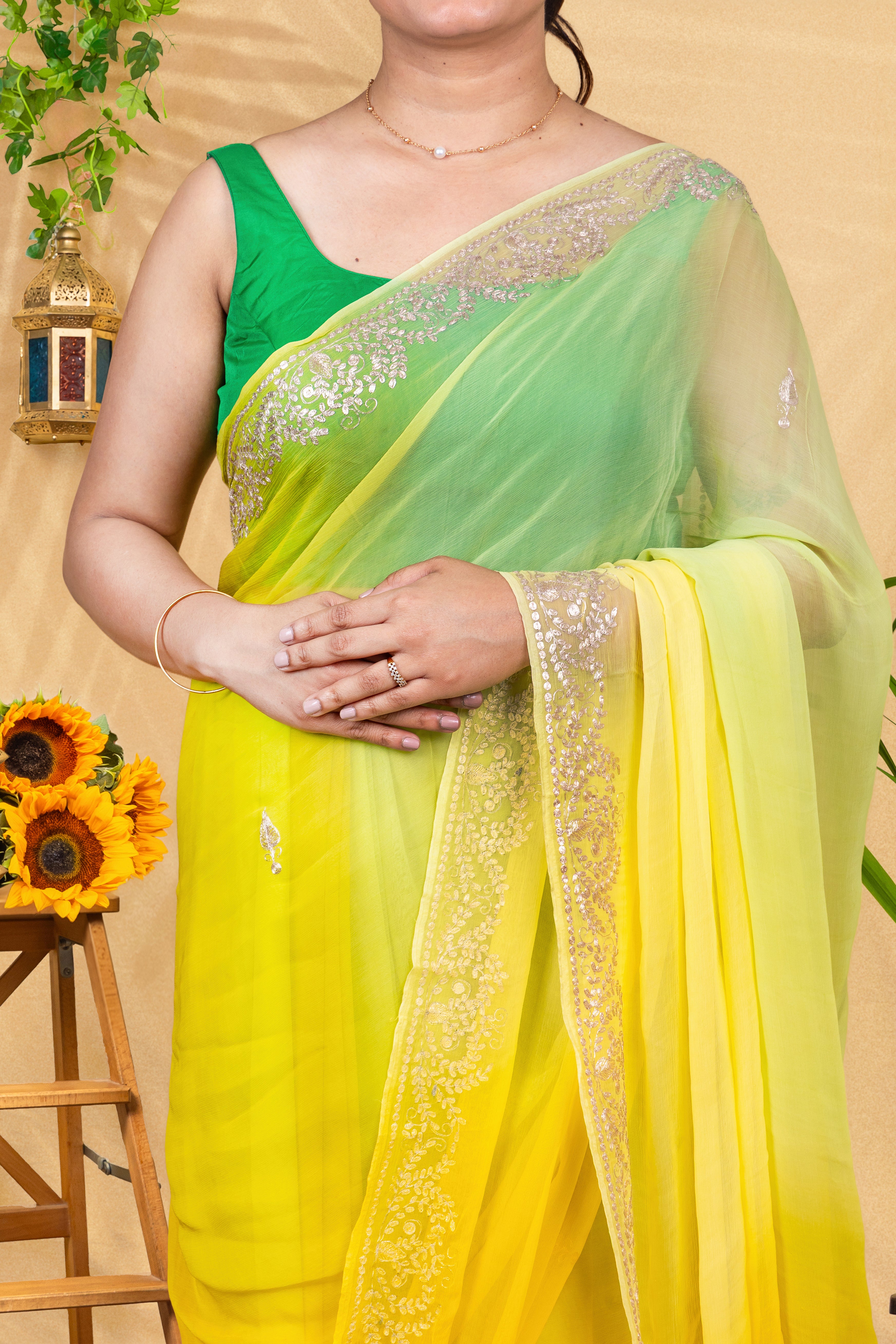 Lime-to-Sunshine Ombré—Pure Chiffon Saree