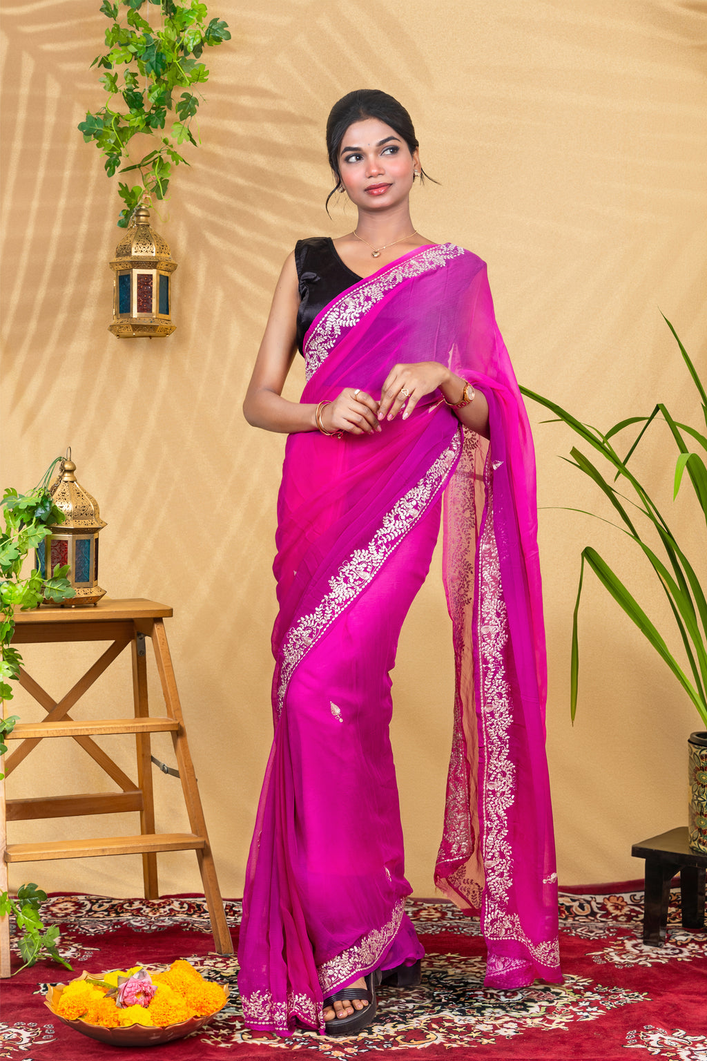 Purple Petal Glow—Pure Chiffon Saree