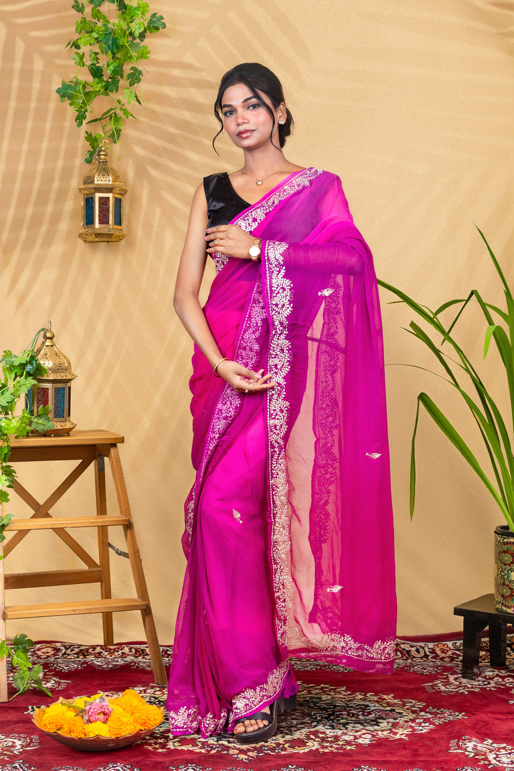 Purple Petal Glow—Pure Chiffon Saree