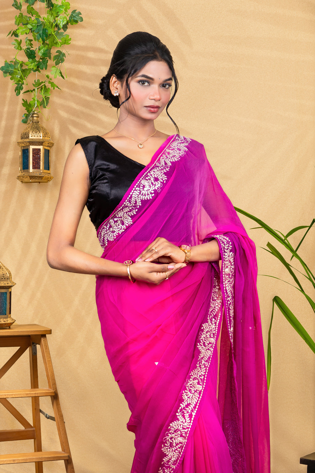 Purple Petal Glow—Pure Chiffon Saree