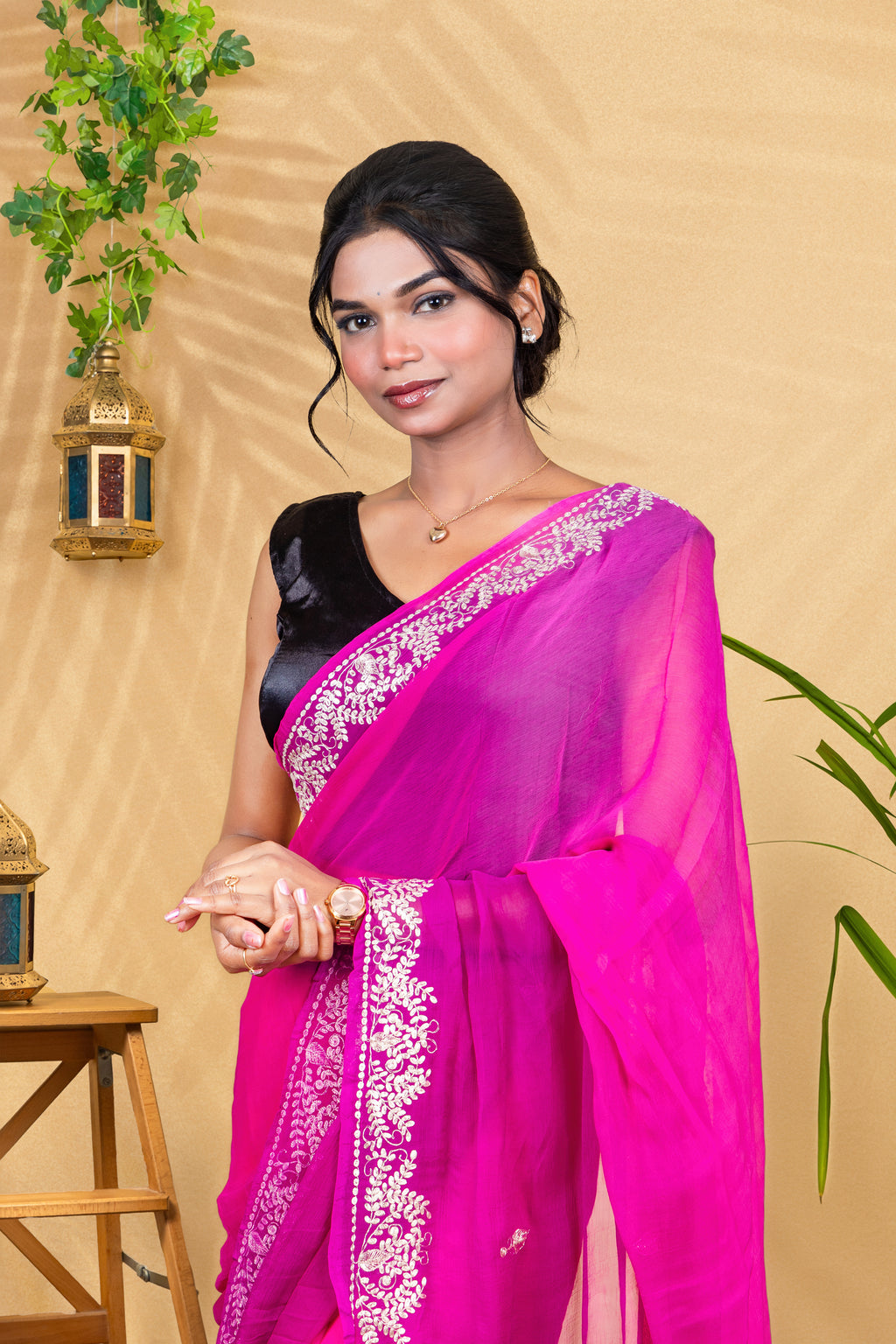 Purple Petal Glow—Pure Chiffon Saree