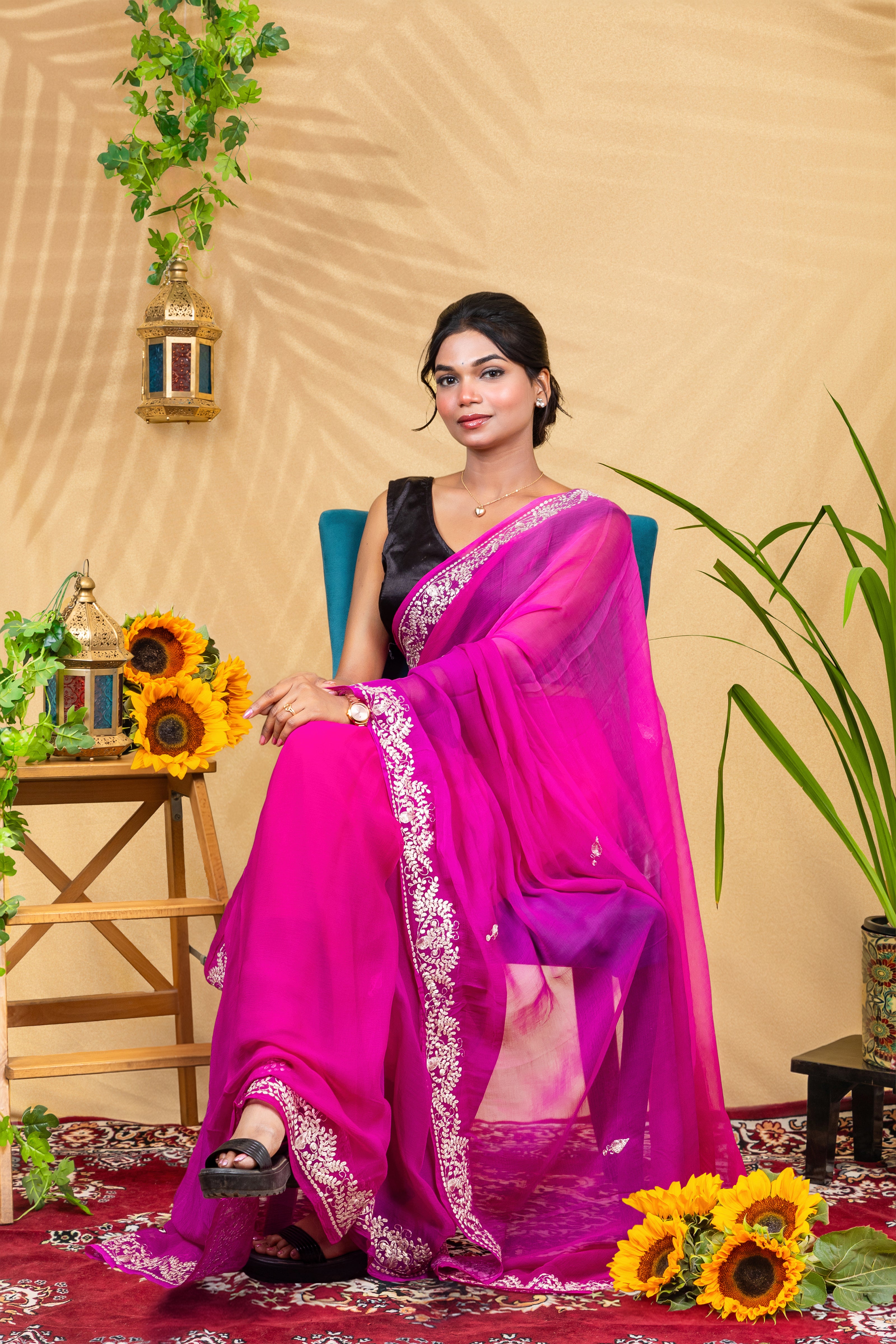 Purple Petal Glow—Pure Chiffon Saree