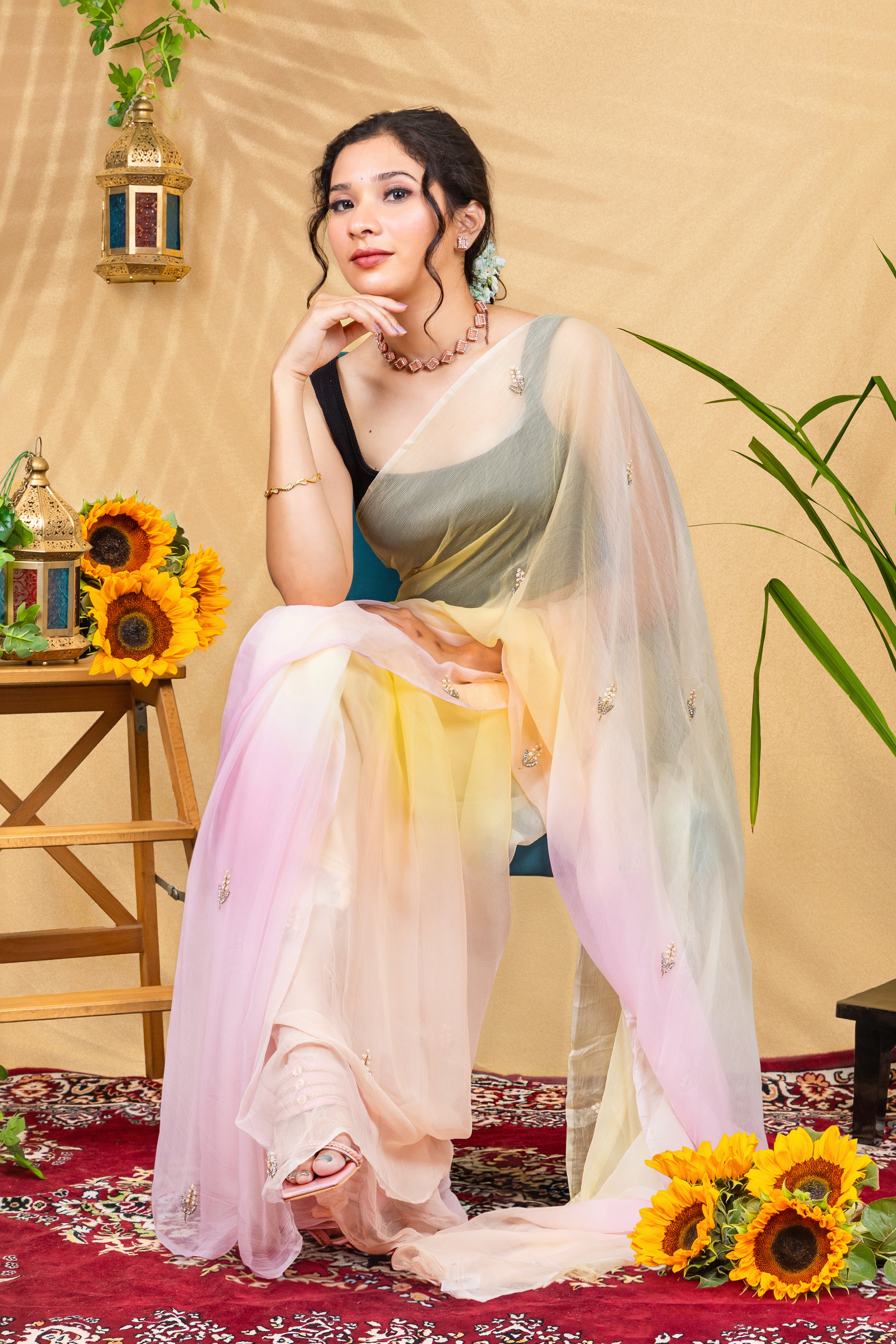 Cotton Candy Dawn—Ombré Pure Chiffon Saree