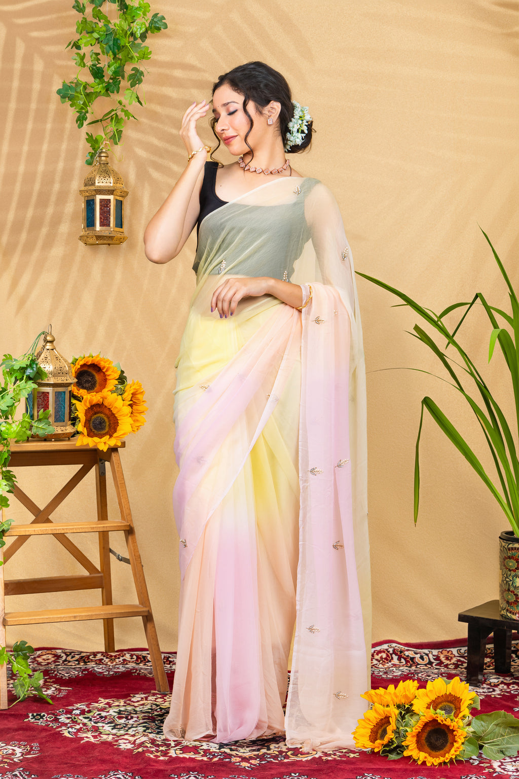 Cotton Candy Dawn—Ombré Pure Chiffon Saree