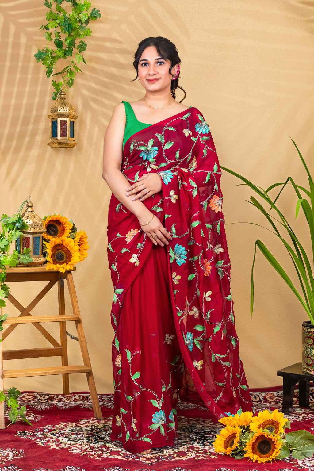 Gulnaar Wine—Handcrafted Pure Chiffon Saree