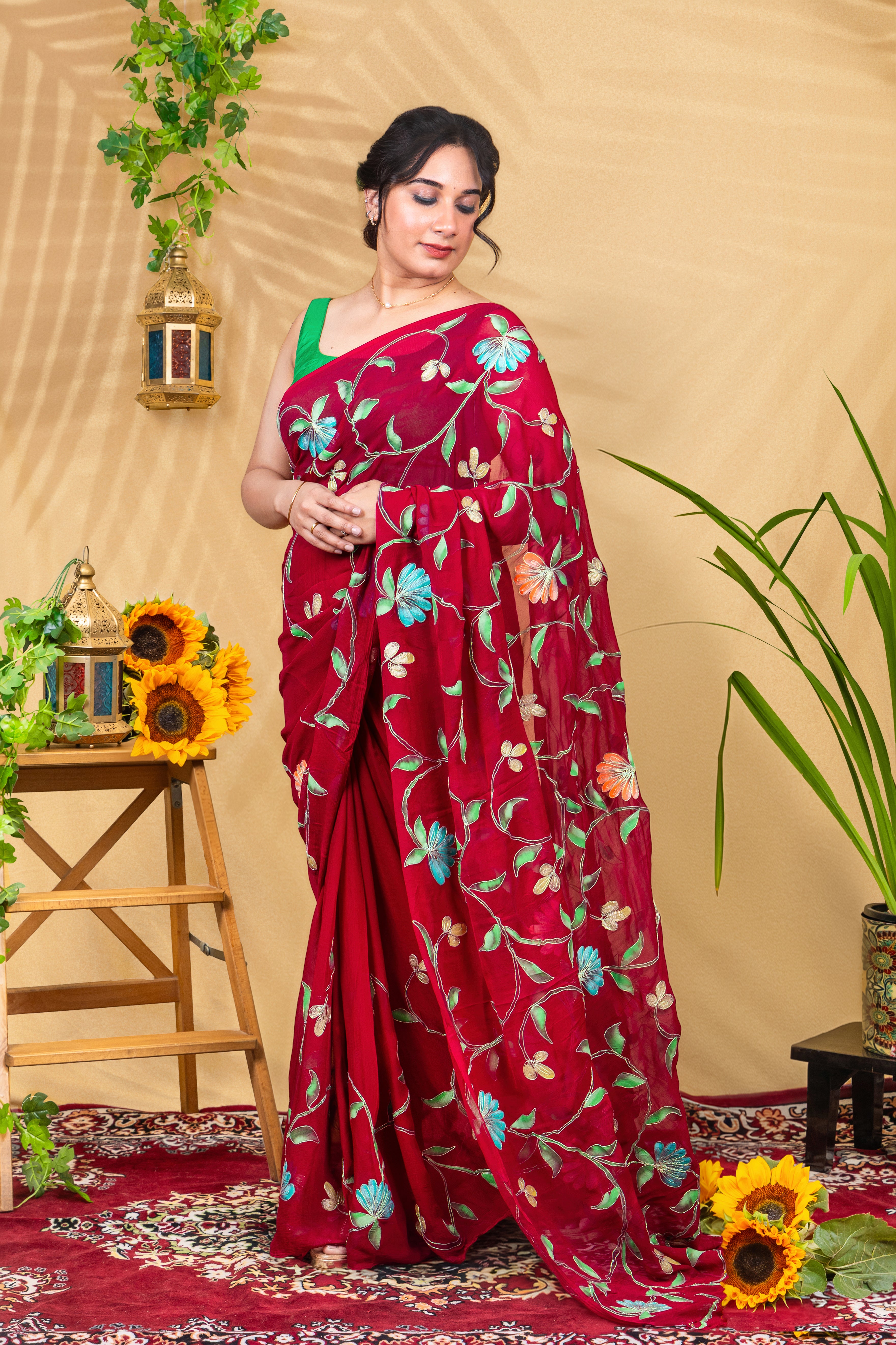 Gulnaar Wine—Handcrafted Pure Chiffon Saree