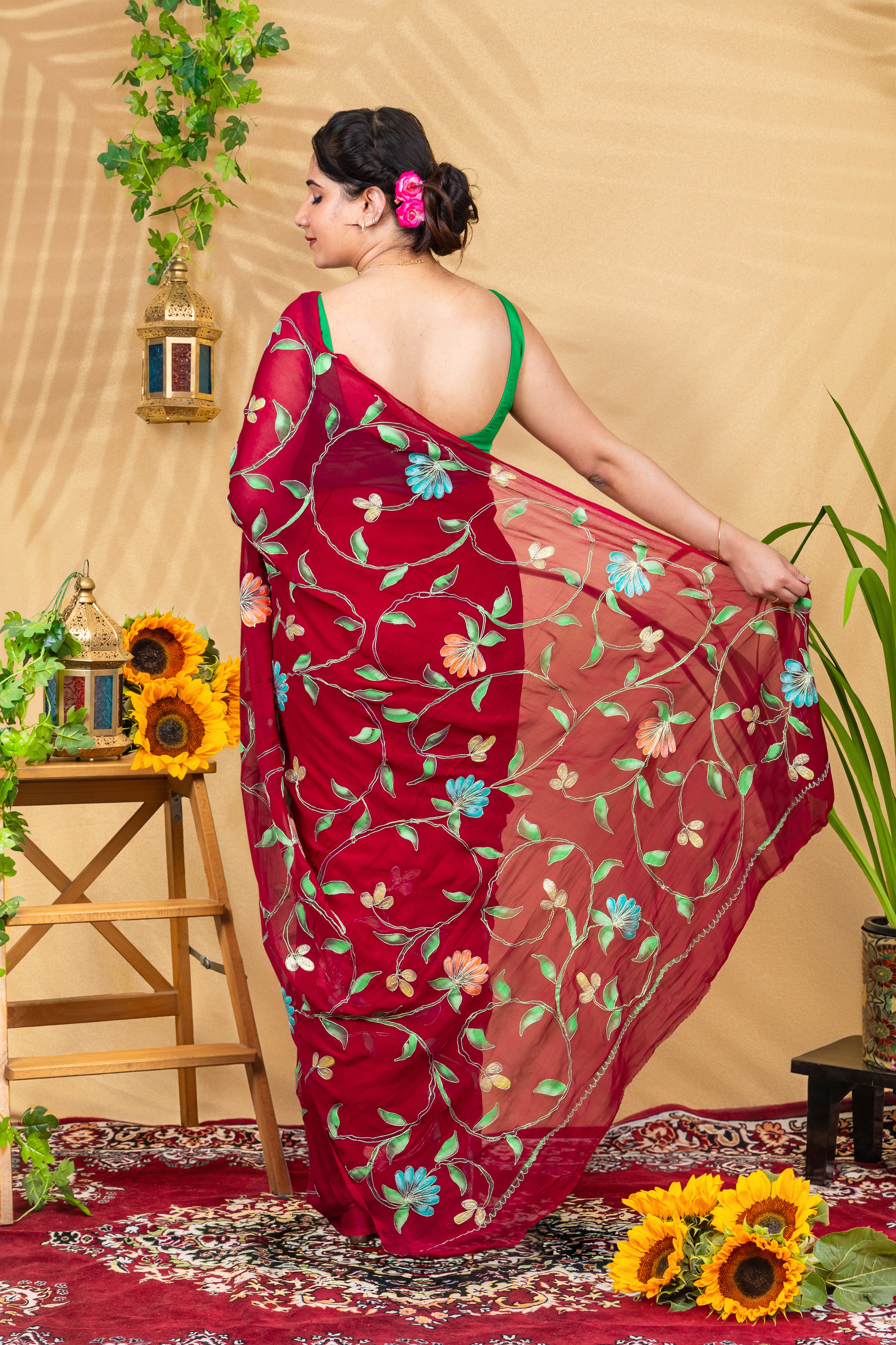 Gulnaar Wine—Handcrafted Pure Chiffon Saree