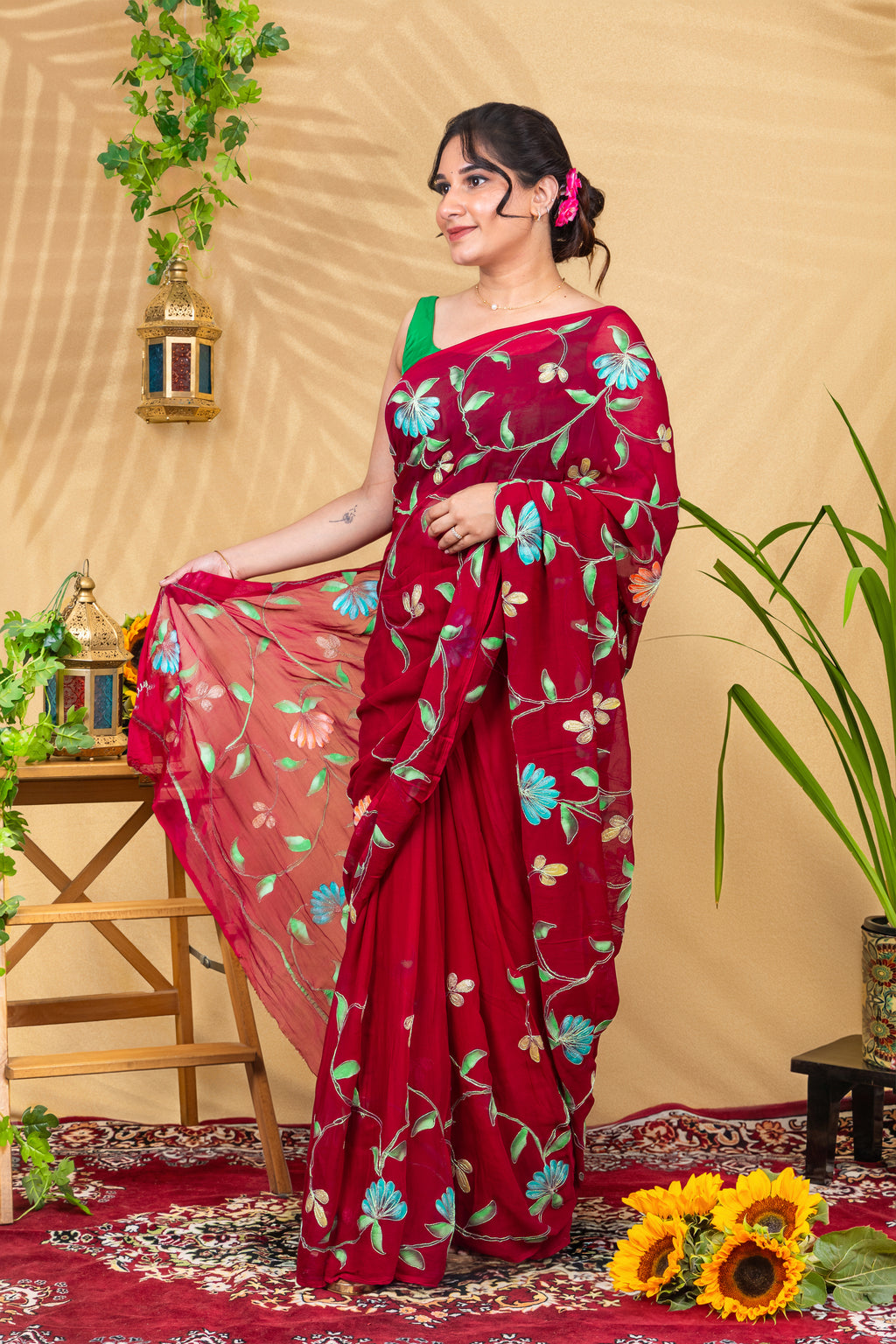 Gulnaar Wine—Handcrafted Pure Chiffon Saree