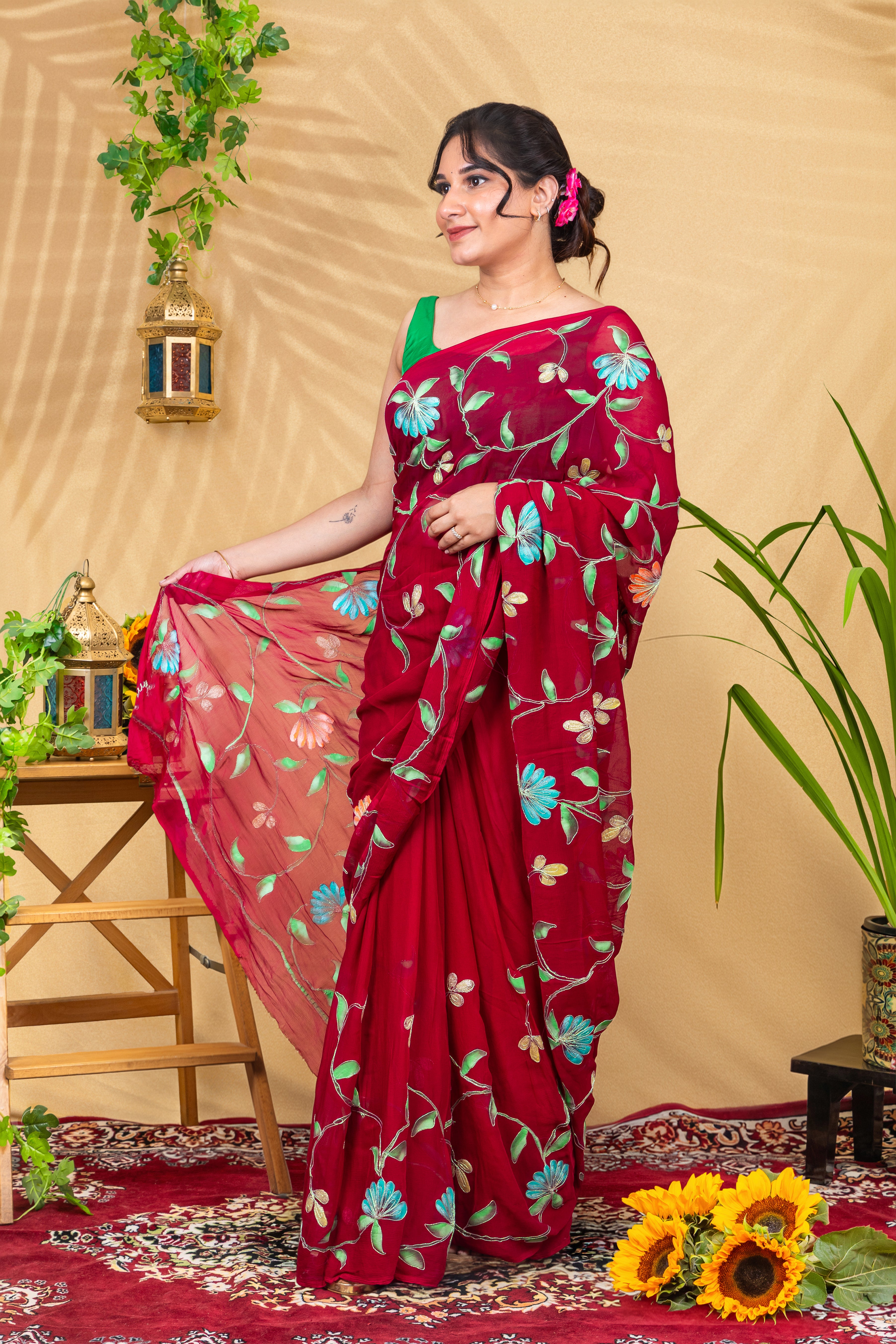 Gulnaar Wine—Handcrafted Pure Chiffon Saree