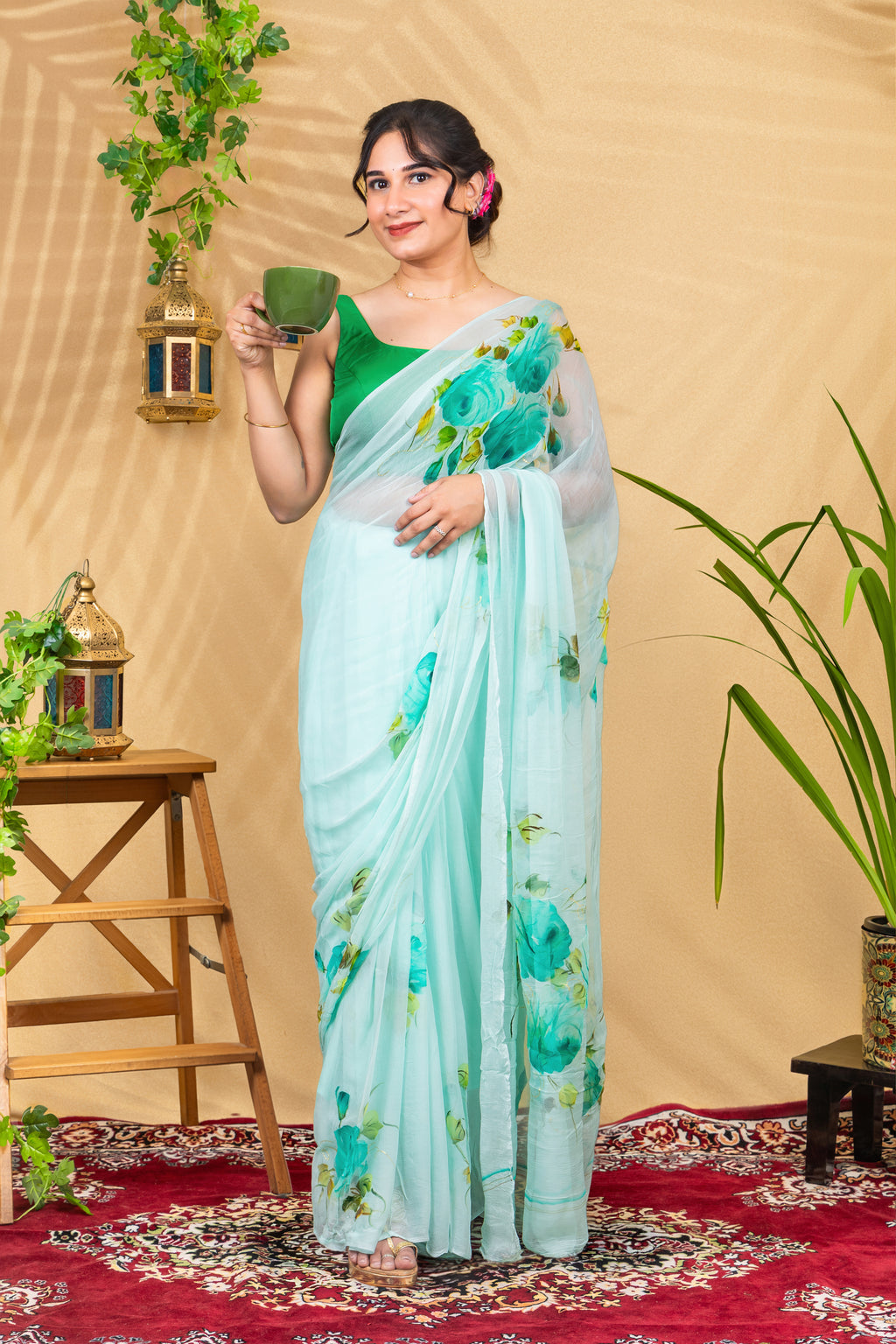 Aqua Bloom—Handpainted Pure Chiffon Saree
