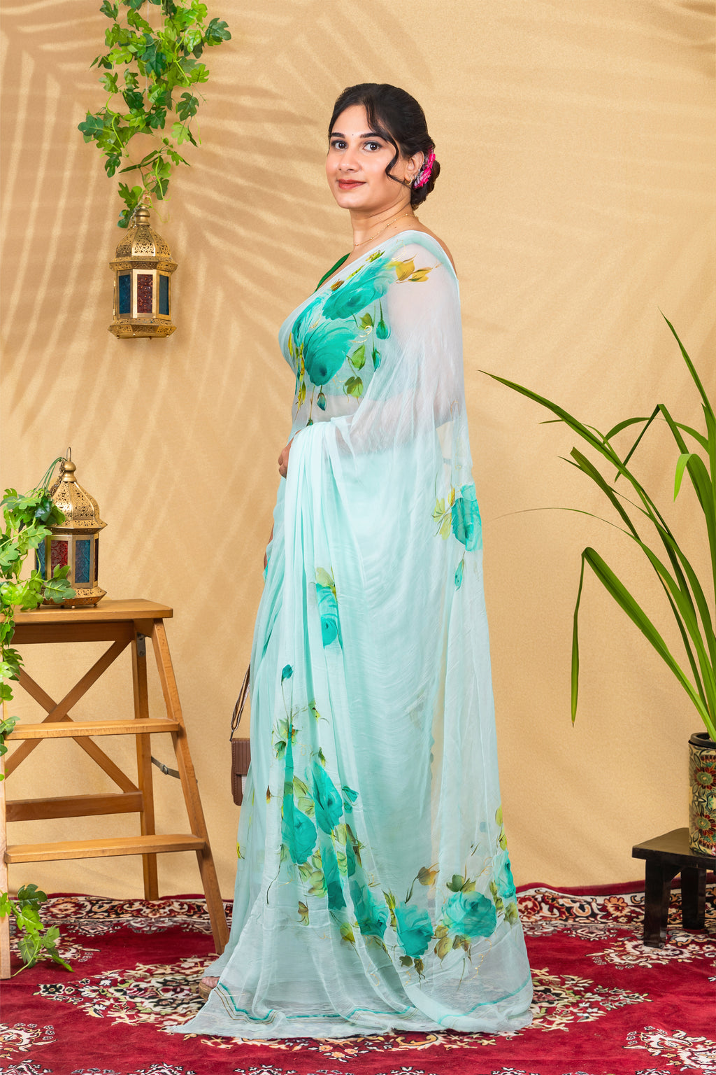 Aqua Bloom—Handpainted Pure Chiffon Saree