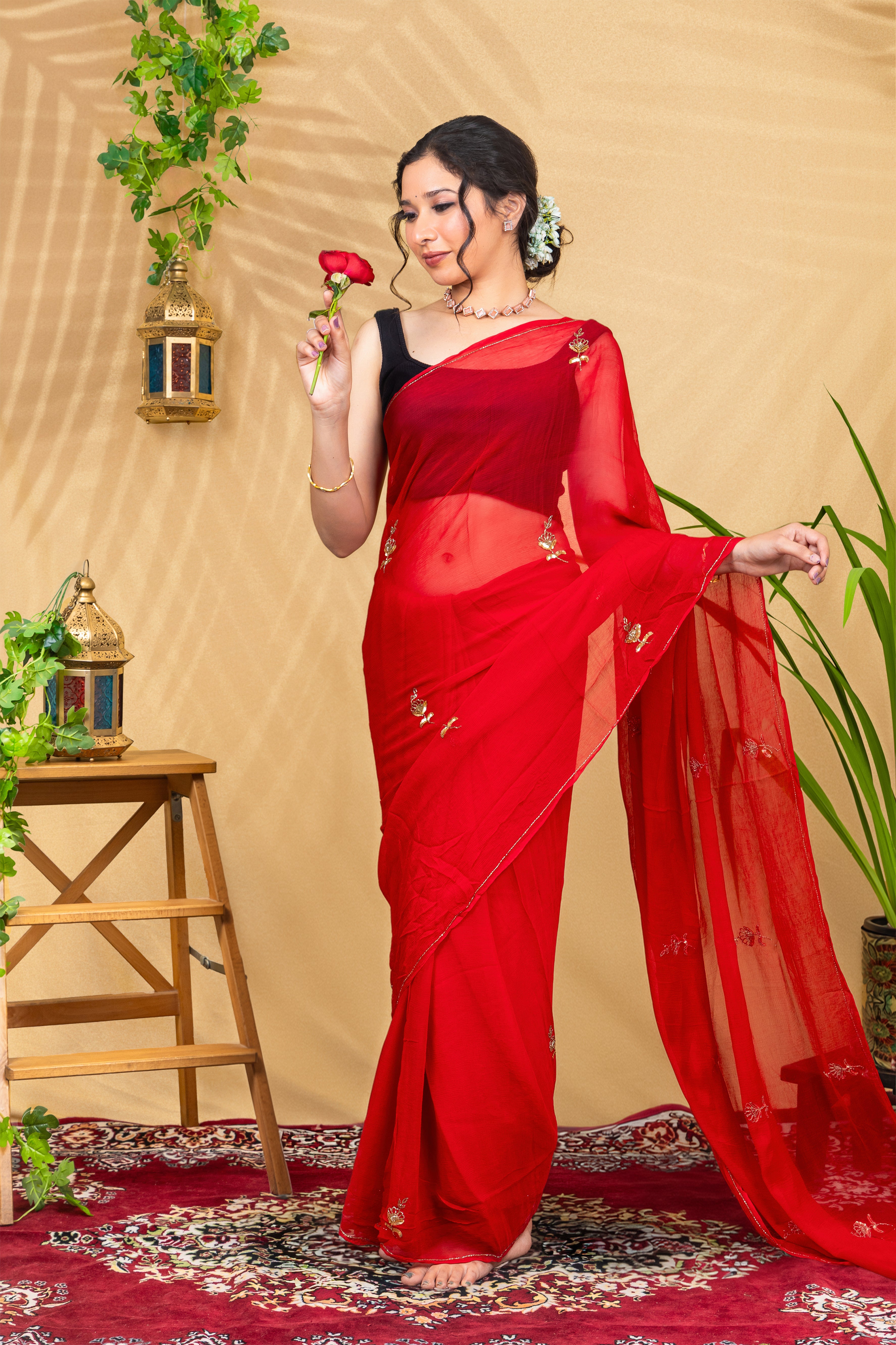 Scarlet Butti Glow—Pure Chiffon Saree