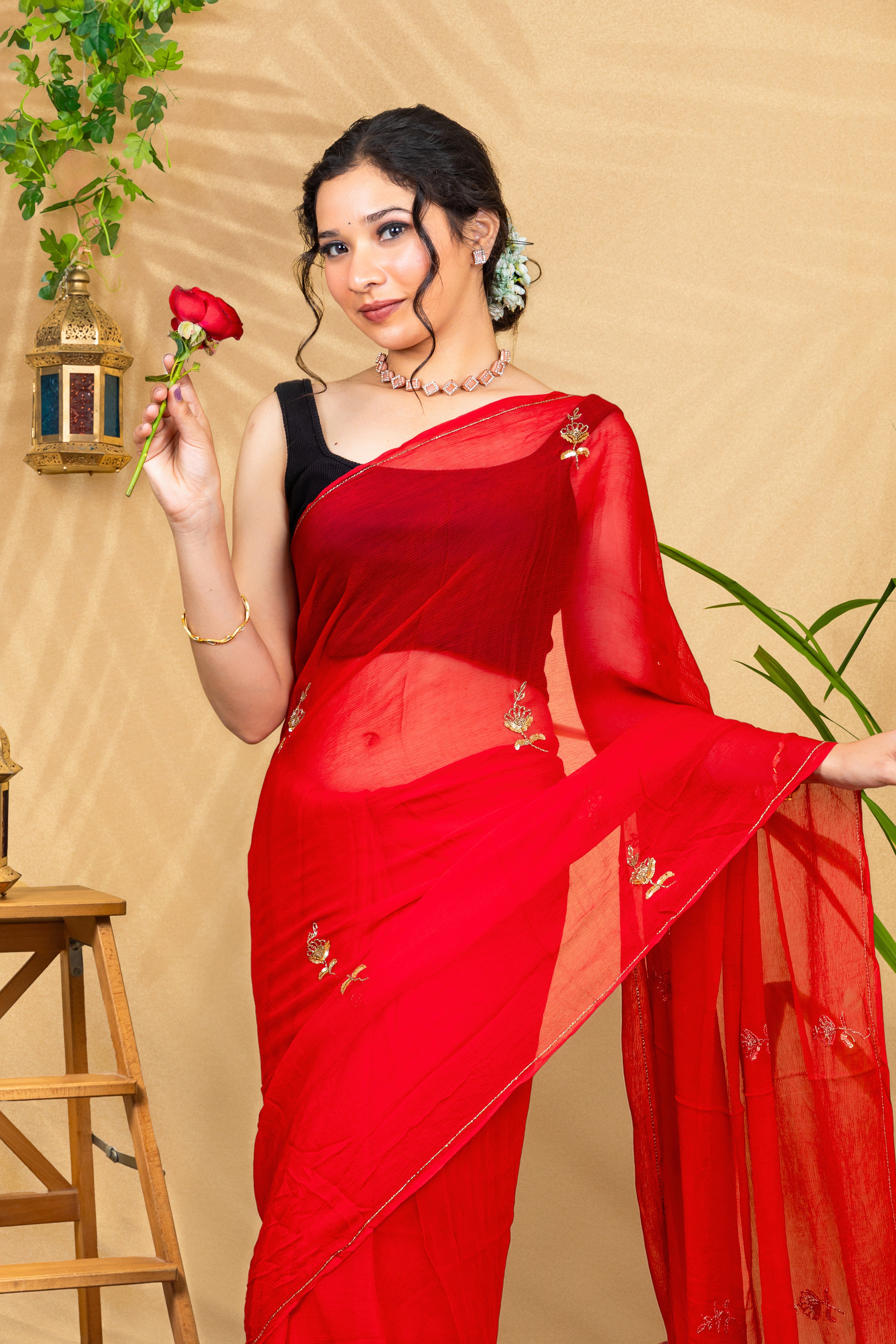 Scarlet Butti Glow—Pure Chiffon Saree