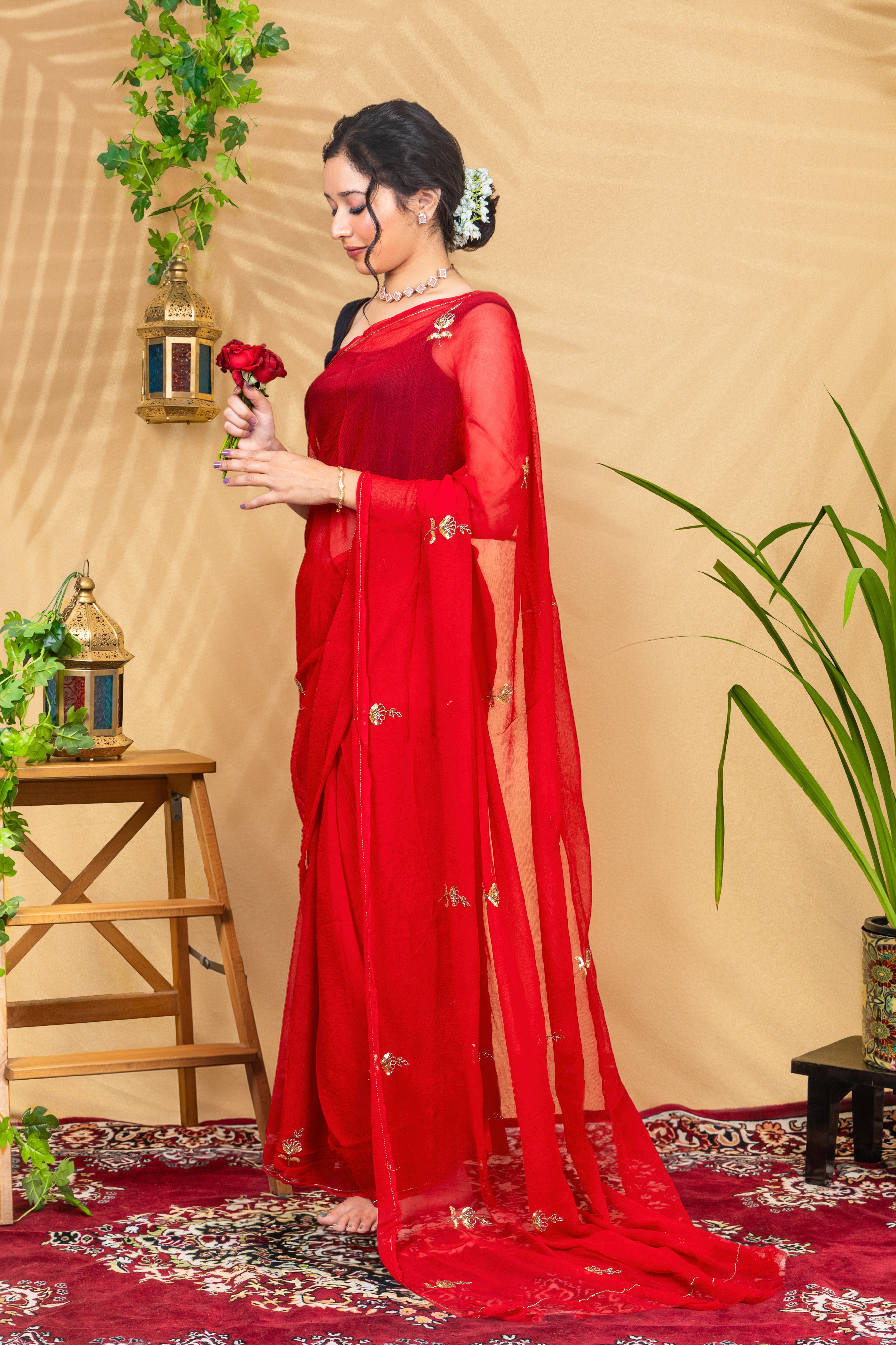 Scarlet Butti Glow—Pure Chiffon Saree
