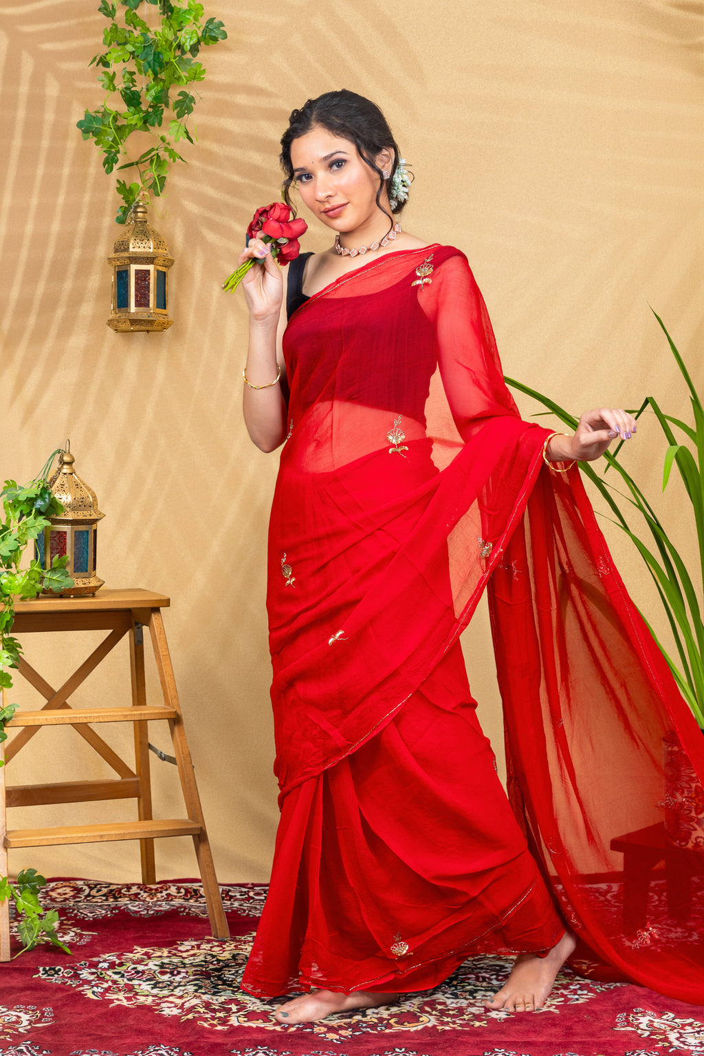 Scarlet Butti Glow—Pure Chiffon Saree