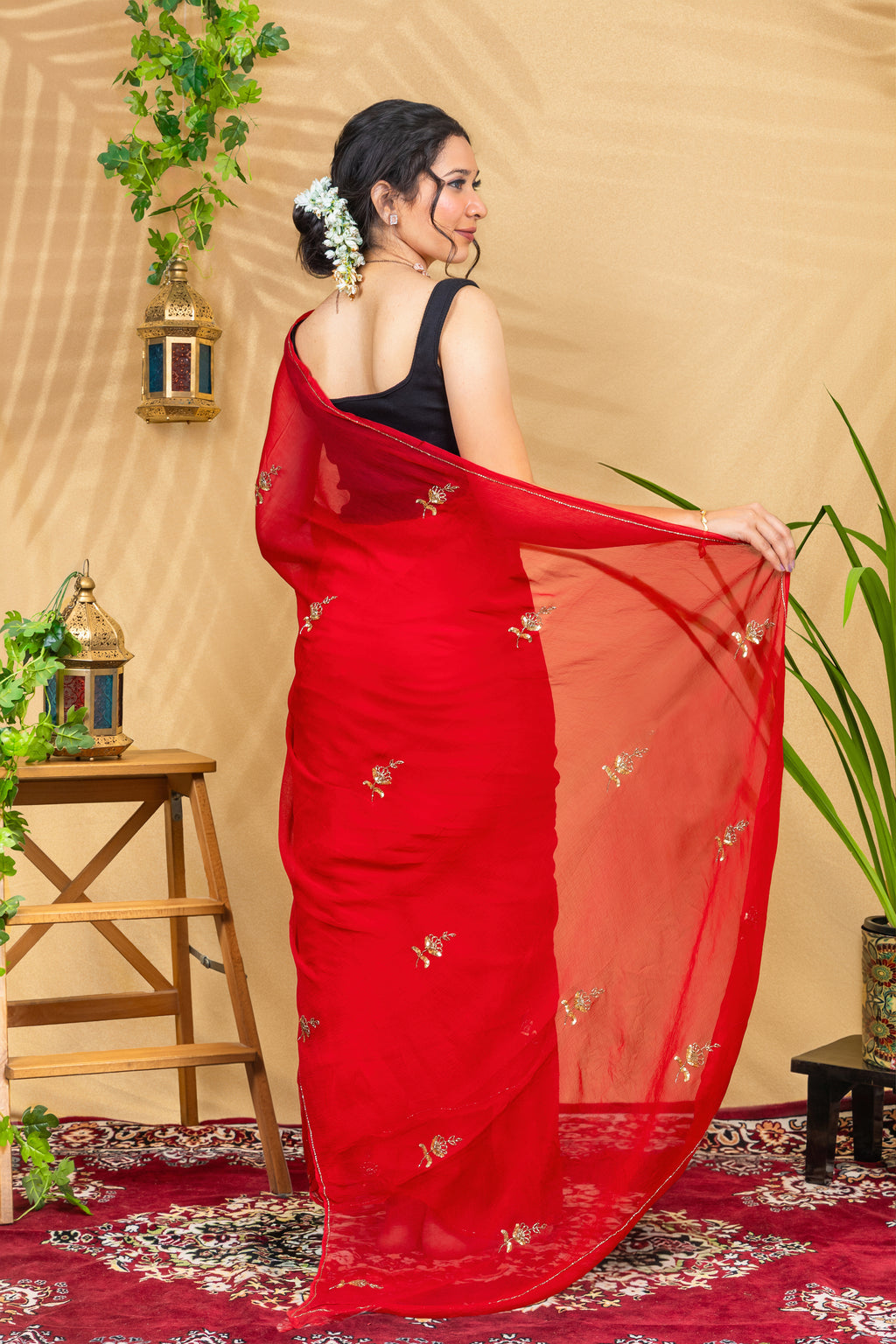Scarlet Butti Glow—Pure Chiffon Saree