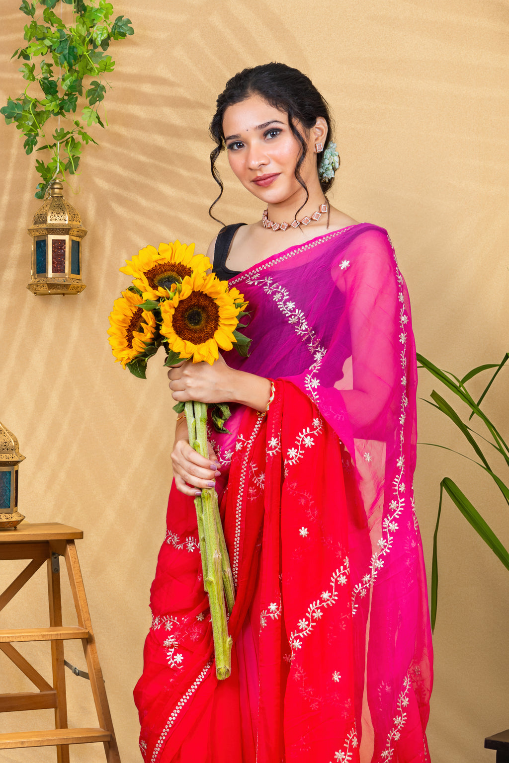 Rosy Border Romance—Pure Chiffon Saree