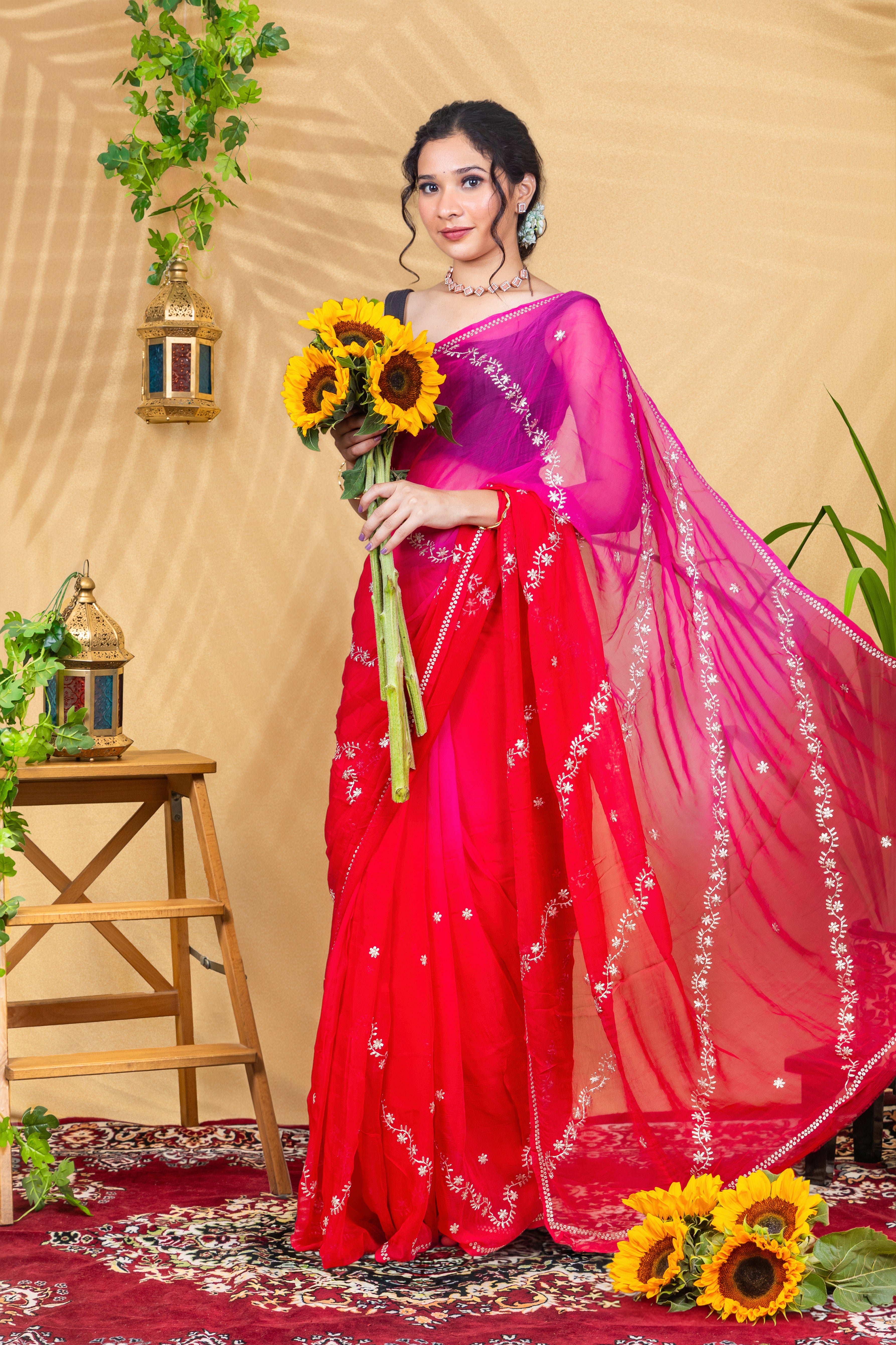 Rosy Border Romance—Pure Chiffon Saree