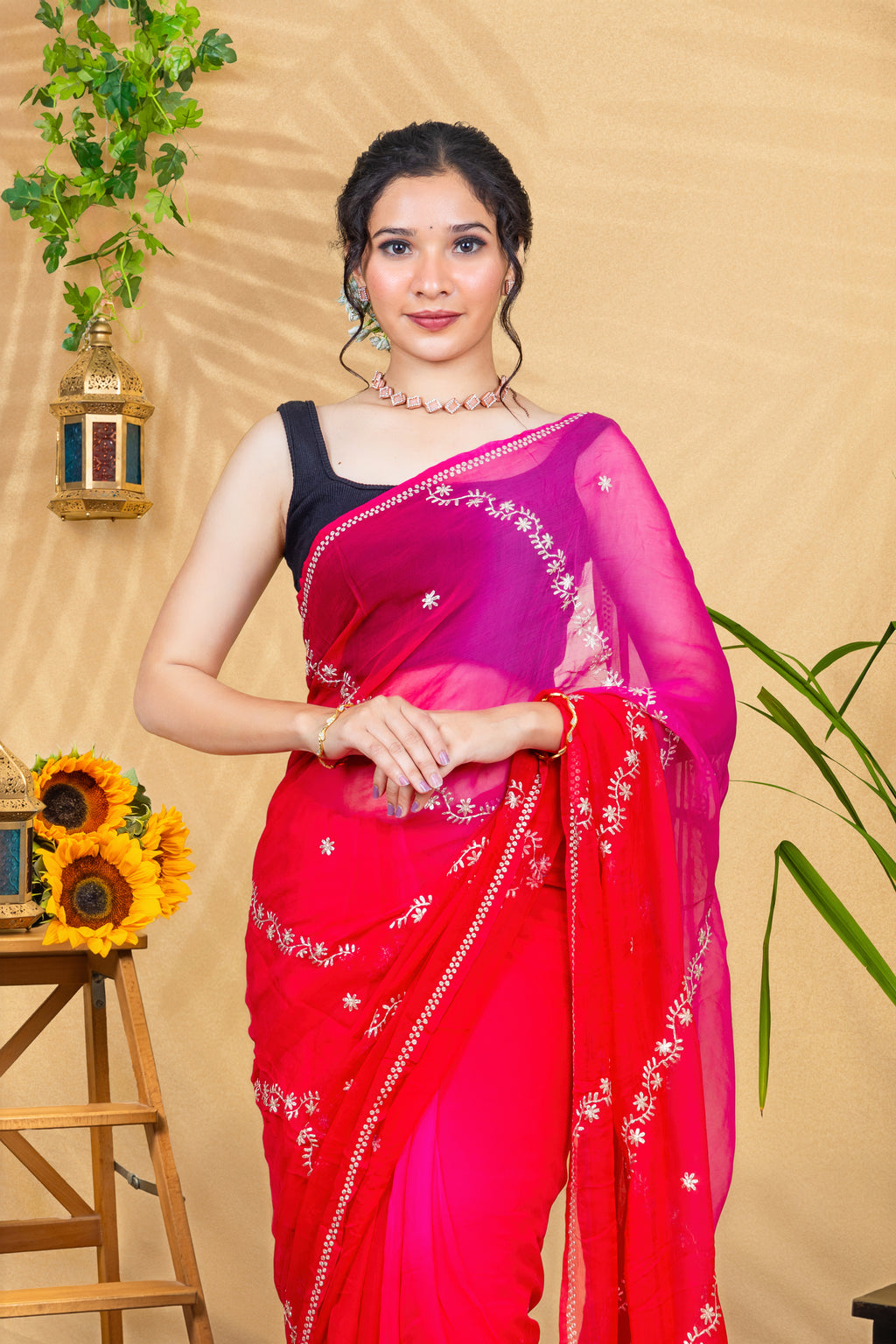 Rosy Border Romance—Pure Chiffon Saree