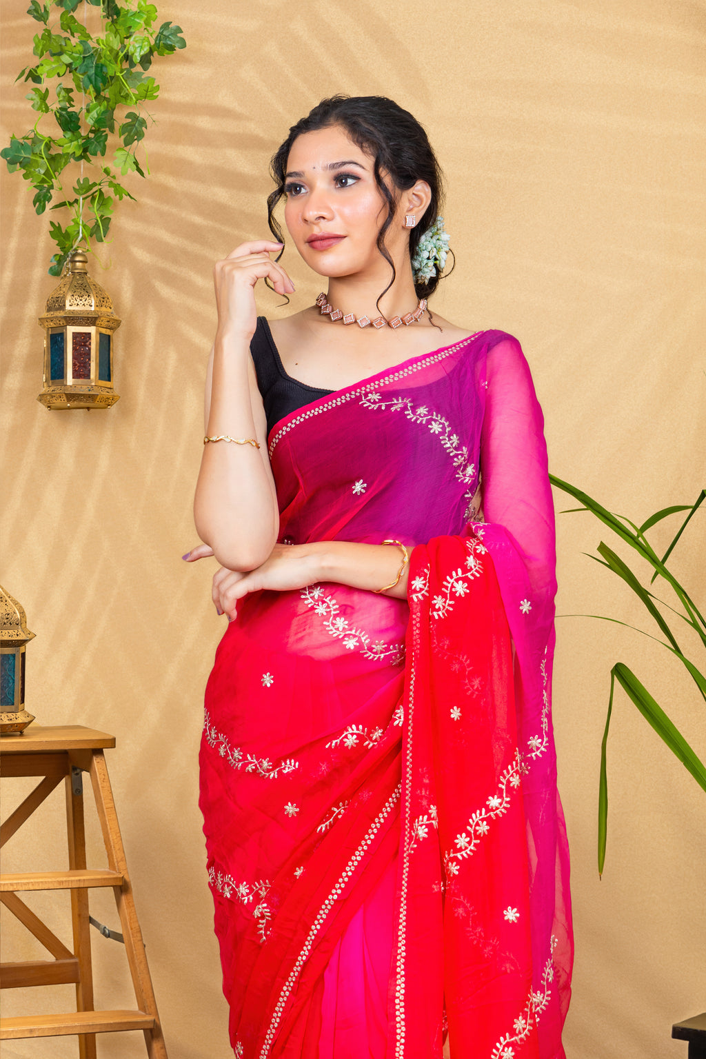 Rosy Border Romance—Pure Chiffon Saree