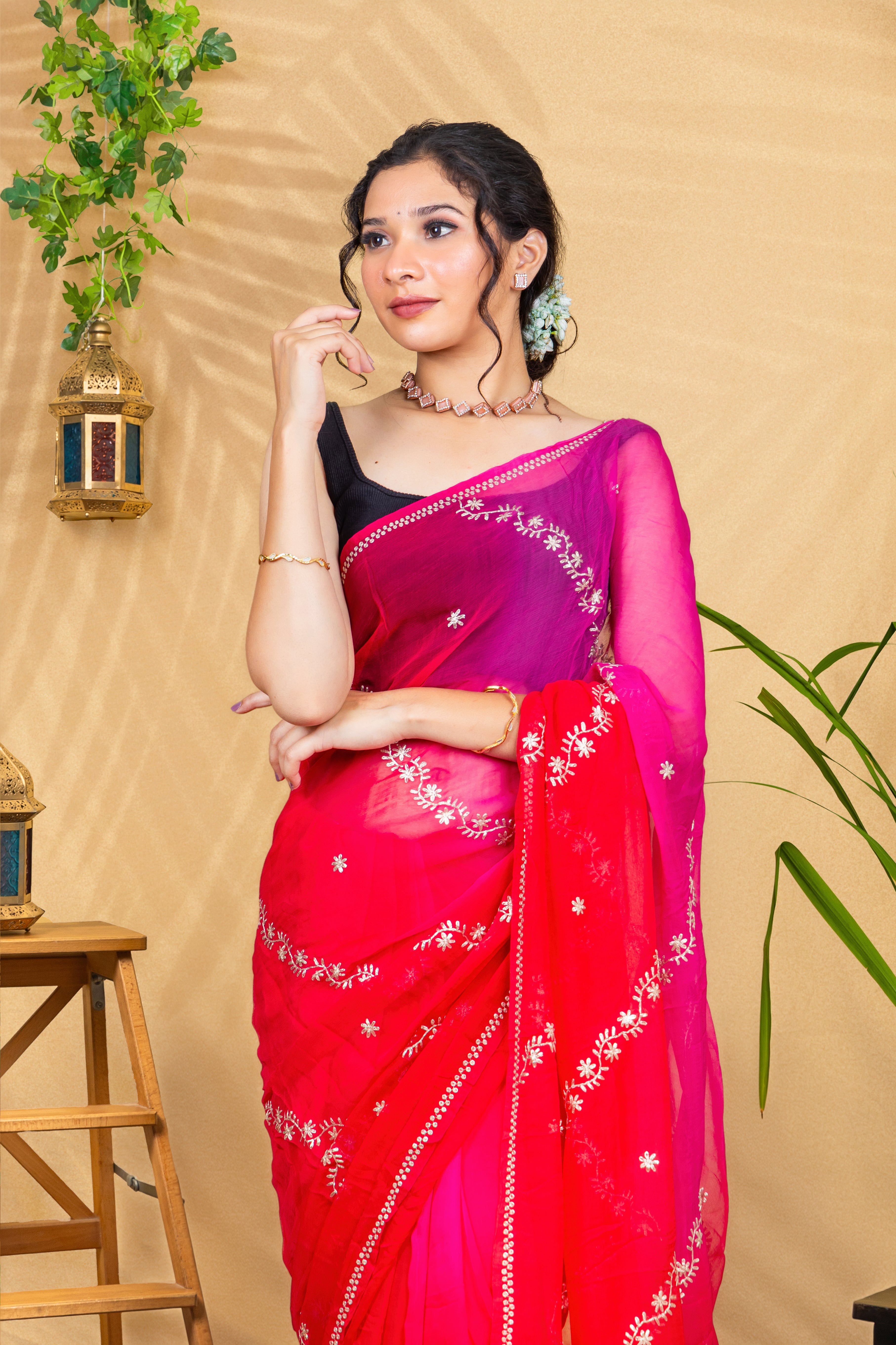 Rosy Border Romance—Pure Chiffon Saree