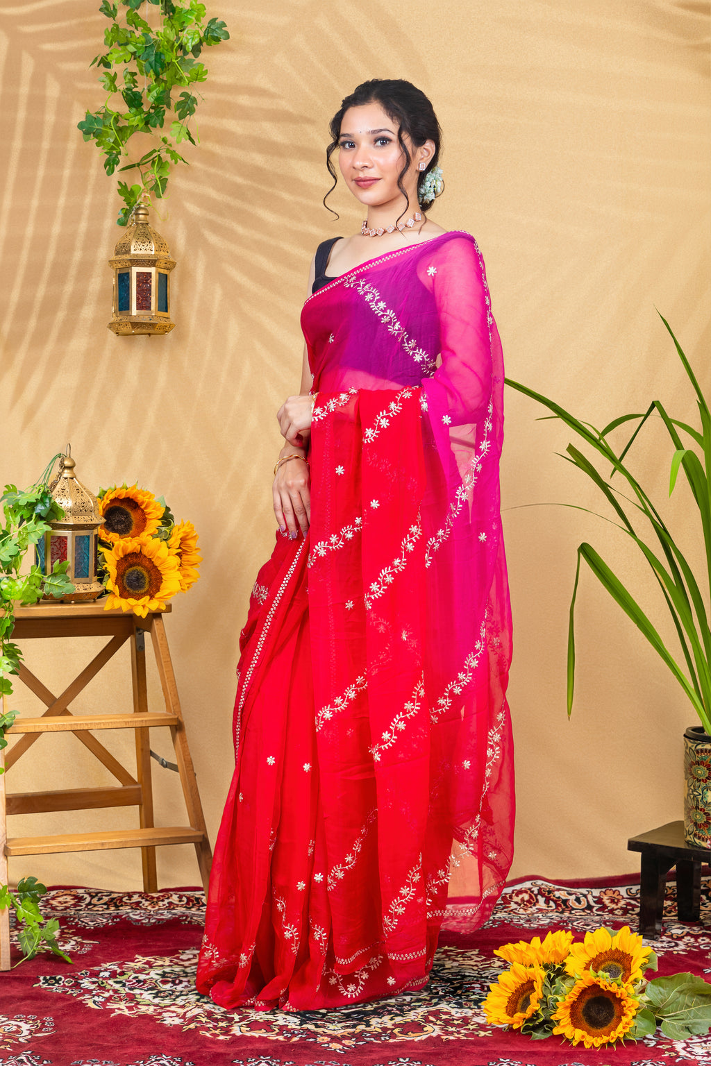 Rosy Border Romance—Pure Chiffon Saree