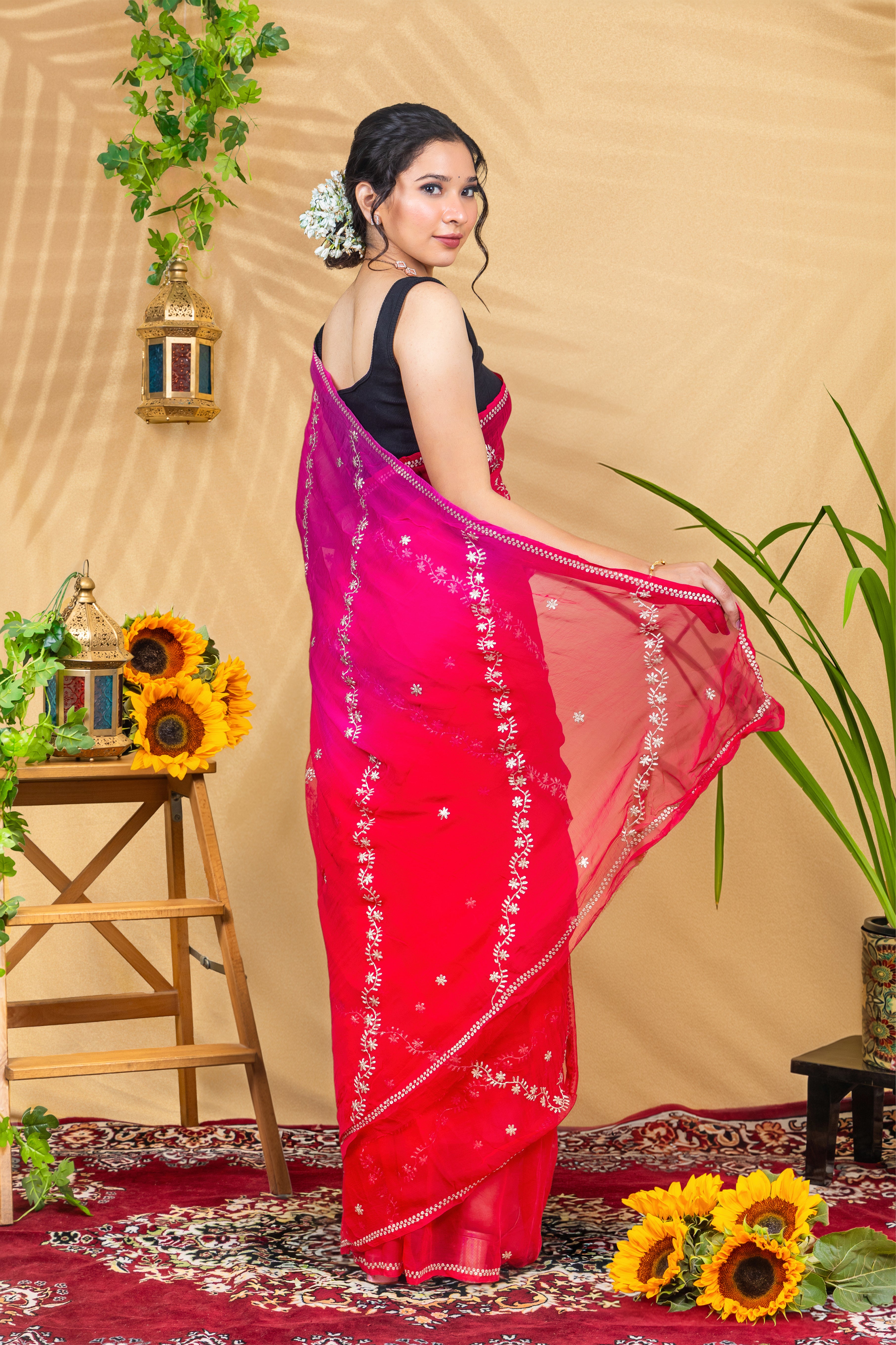 Rosy Border Romance—Pure Chiffon Saree