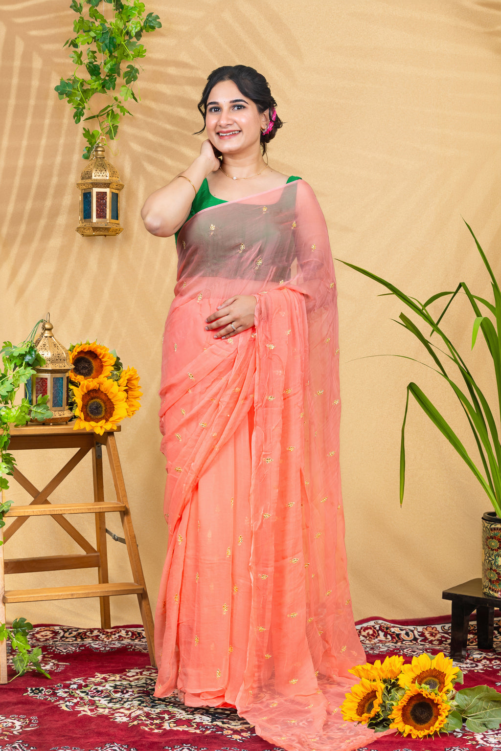 Coral Mist Butti—Pure Chiffon Saree
