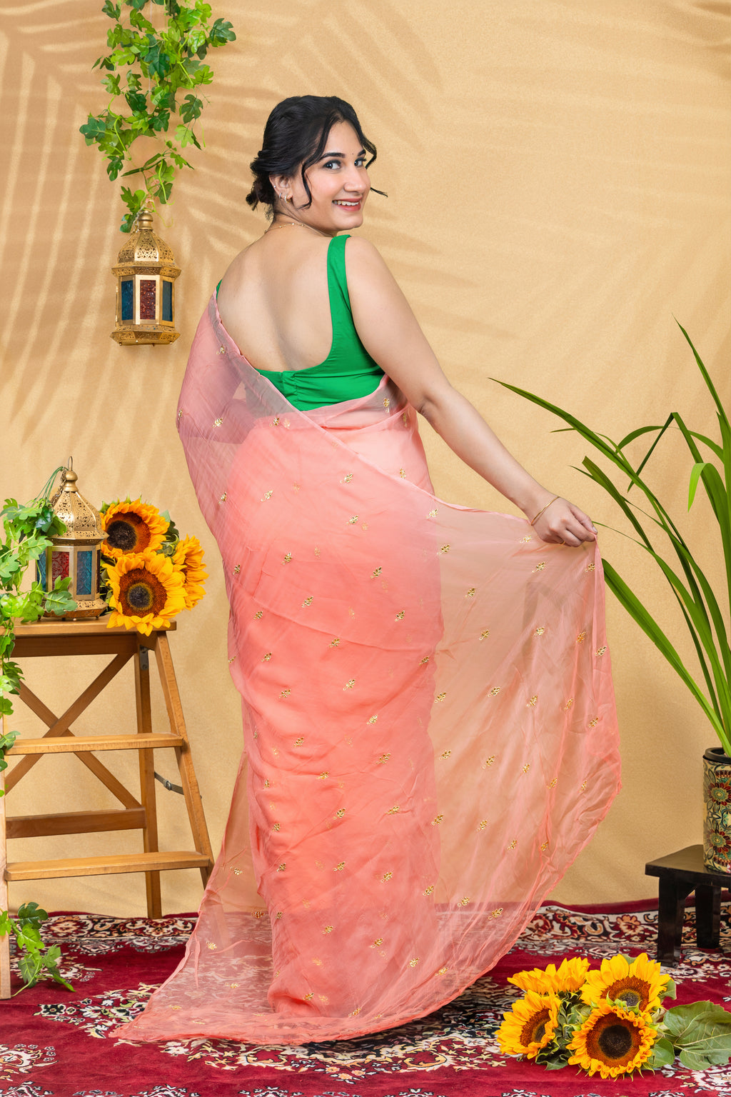 Coral Mist Butti—Pure Chiffon Saree
