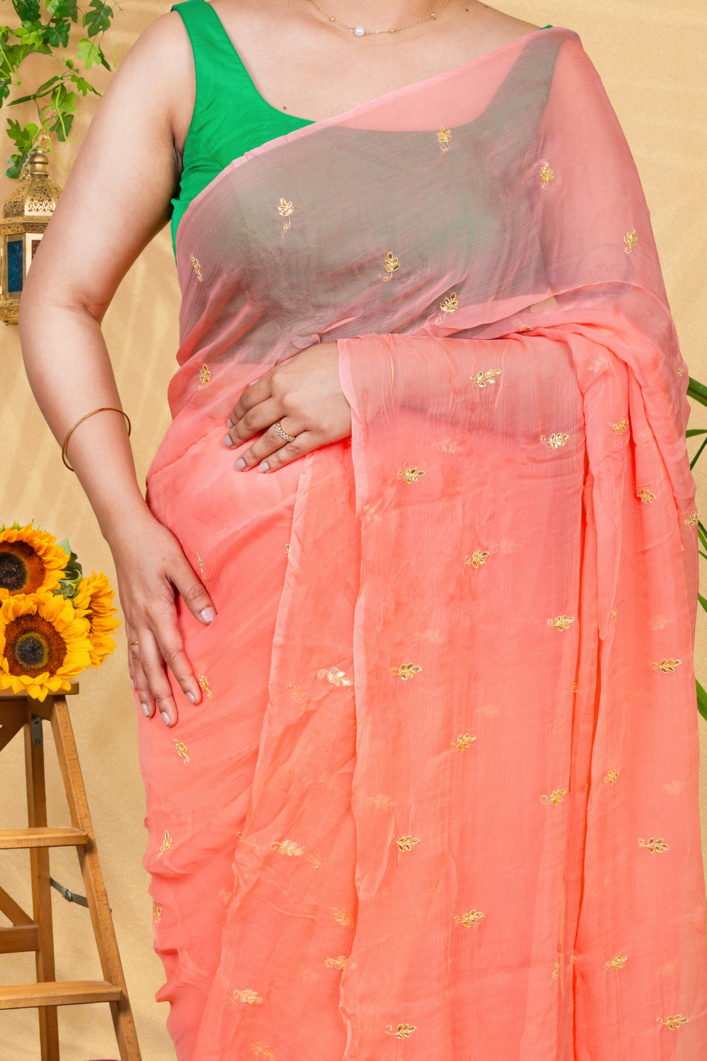 Coral Mist Butti—Pure Chiffon Saree