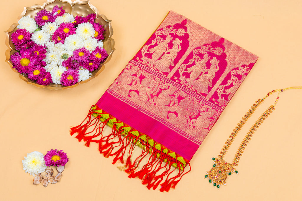 Rani Pink–Lime Green Zari Silk Saree