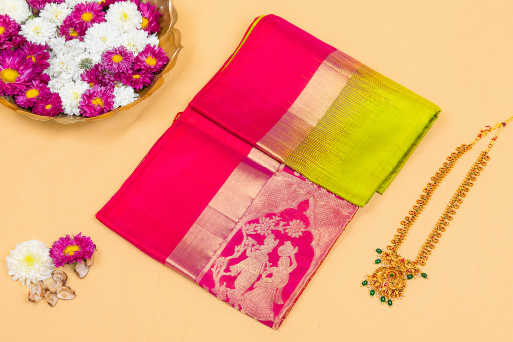 Rani Pink–Lime Green Zari Silk Saree
