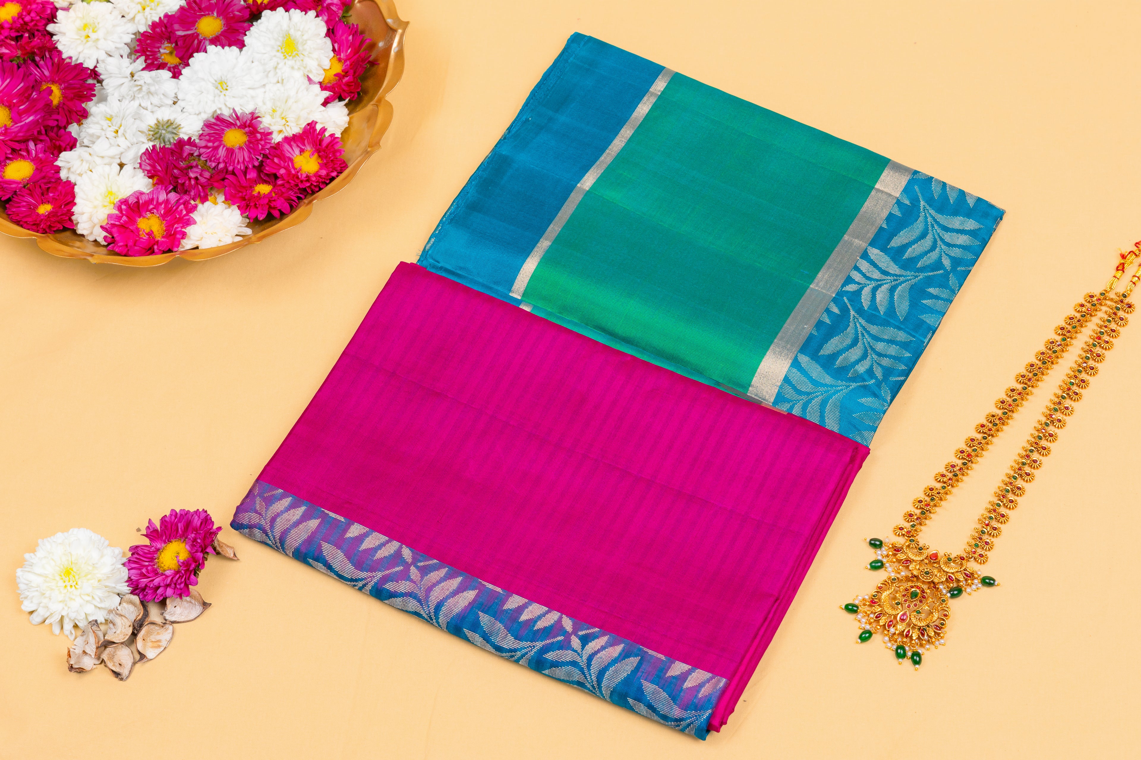 Peacock Teal & Magenta Silk Saree